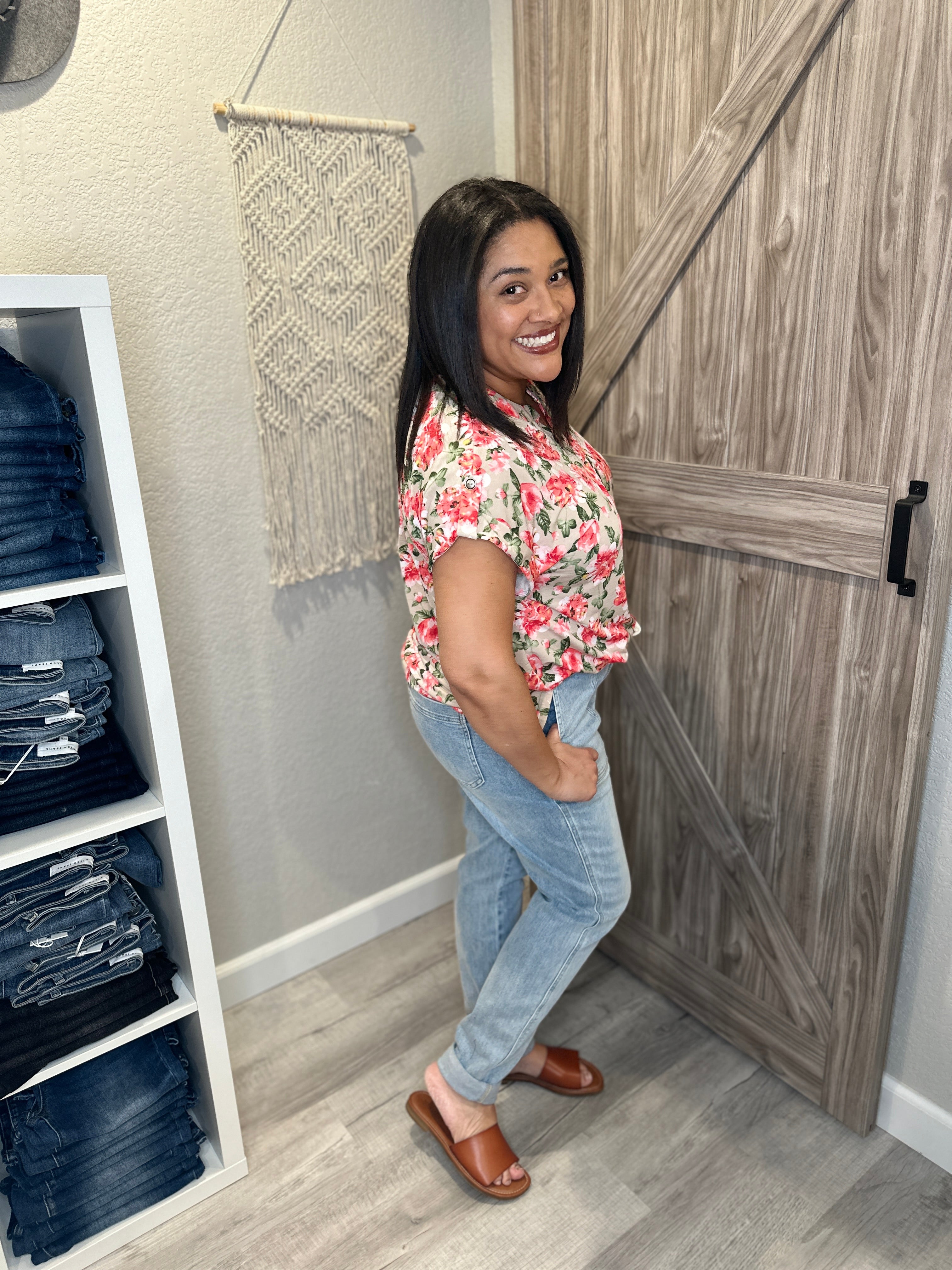 Floral Coral & Green Split Neck Short Sleeve Lizzy Top