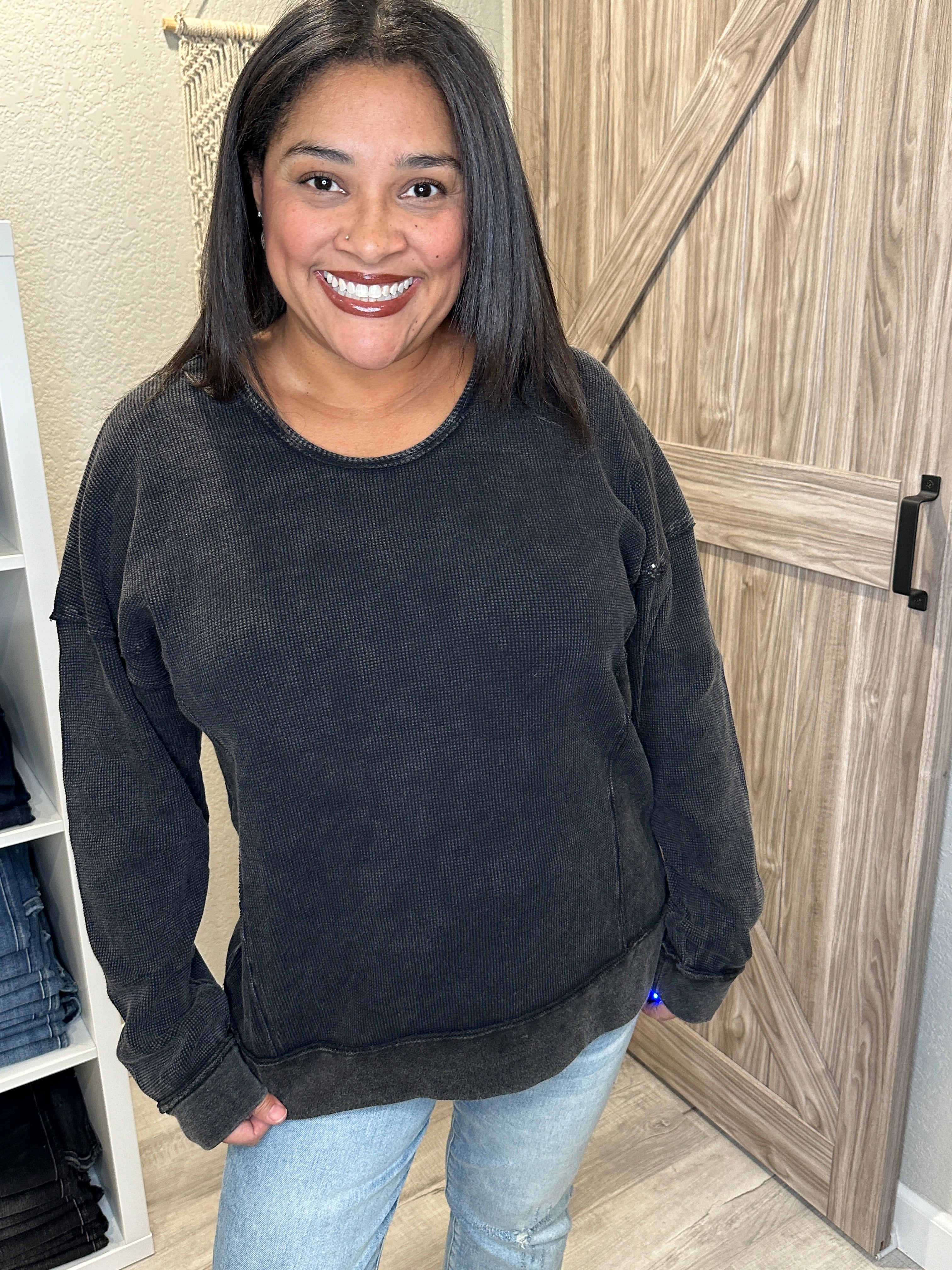 Charcoal Grey Mineral Washed Dolman Sleeve Oversized Thermal Top
