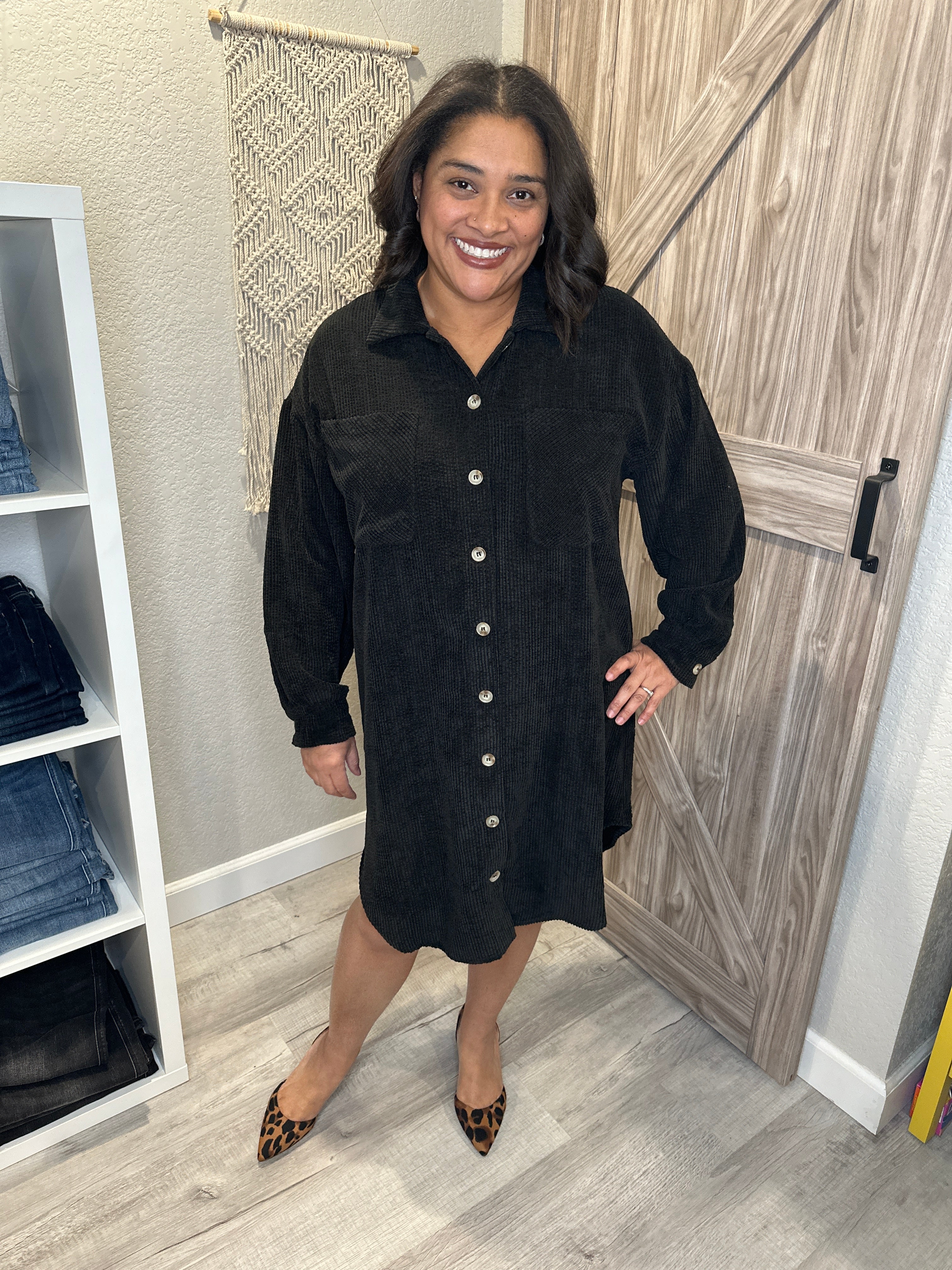 Black Corduroy Relaxed Fit Button Up Shirt Dress