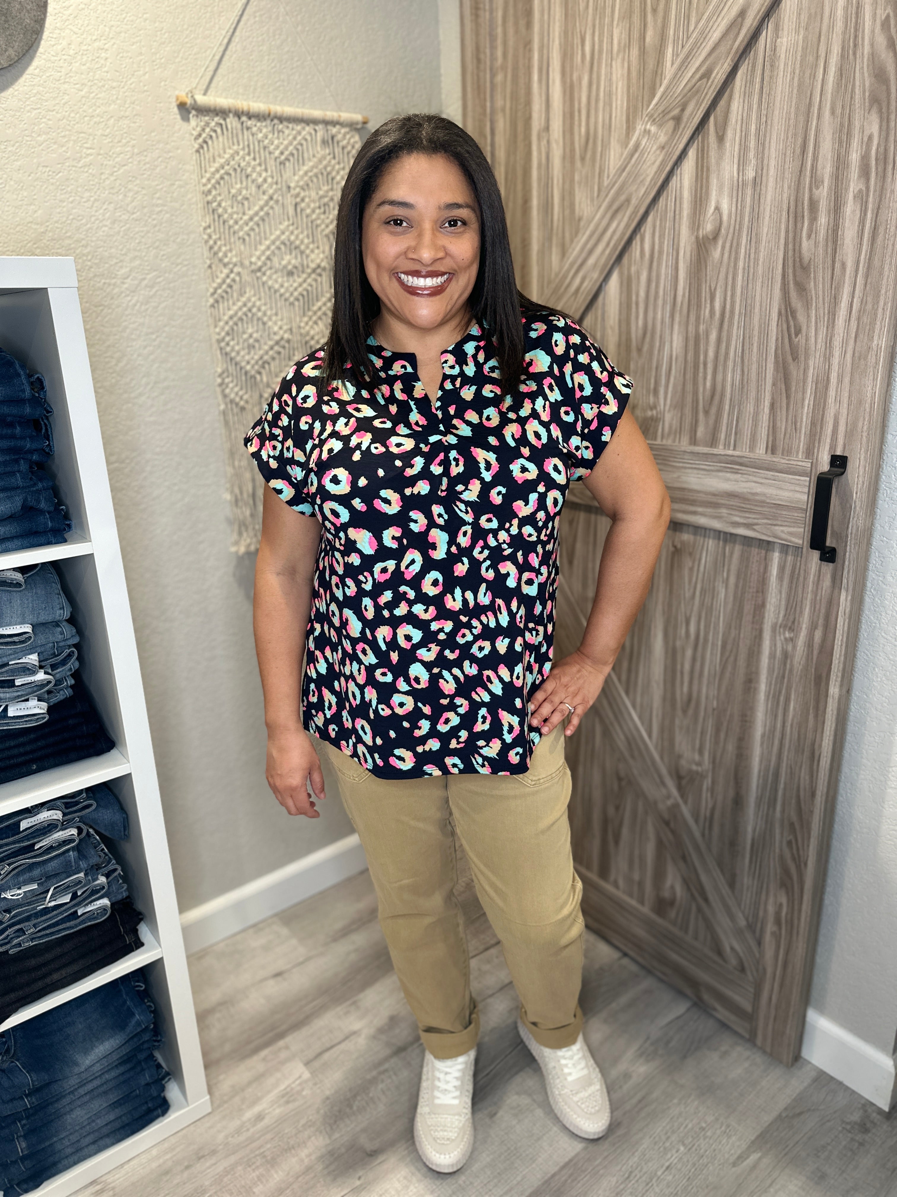 Animal Print Black Multi Color Split Neck Short Sleeve Lizzy Top