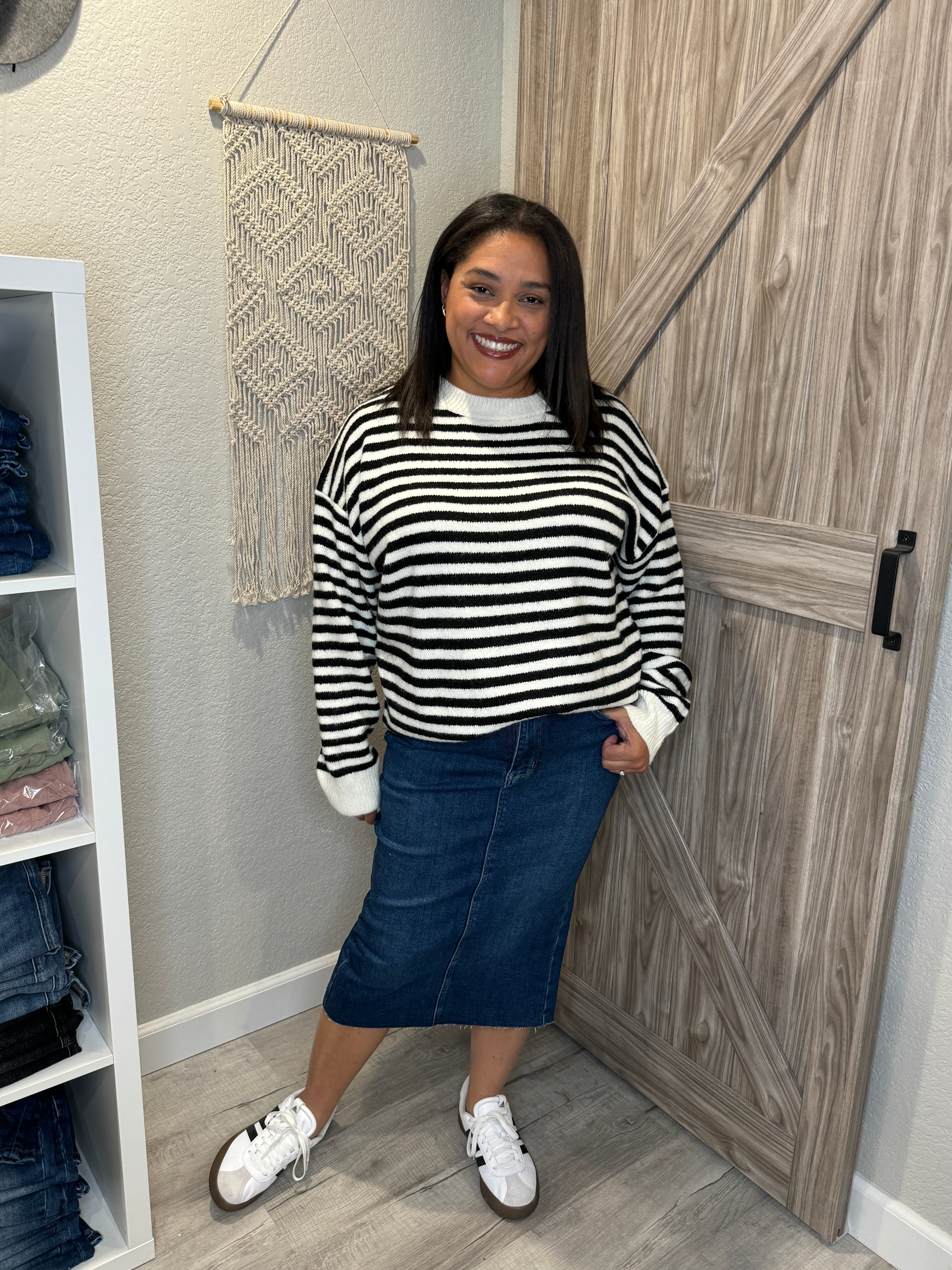 Ivory & Black Oversized Brushed Knit Drop Shoulder Striped Sweater