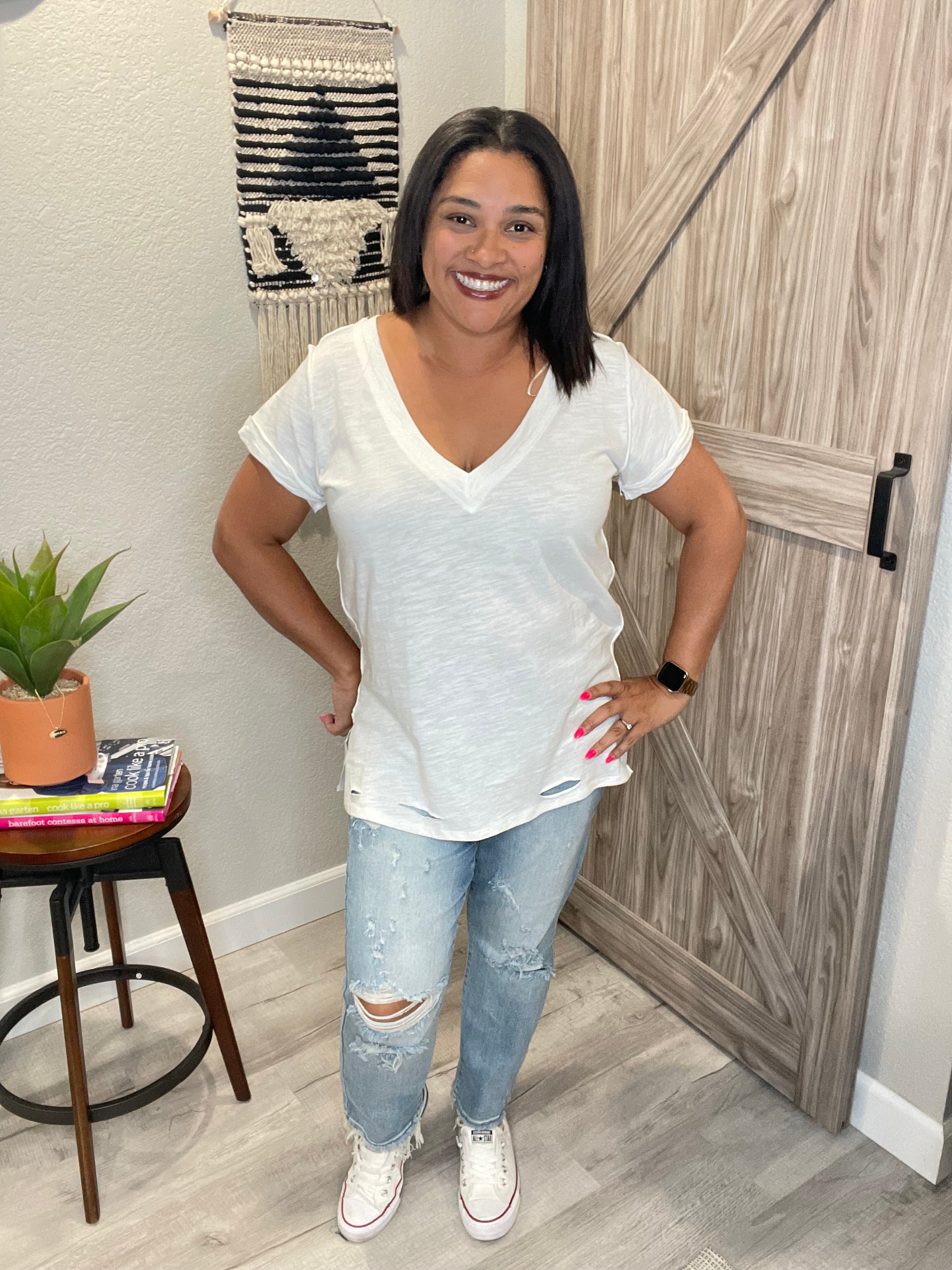 Gathered V Neck Short Sleeve Distressed Cotton Tee (Multiple colors available)