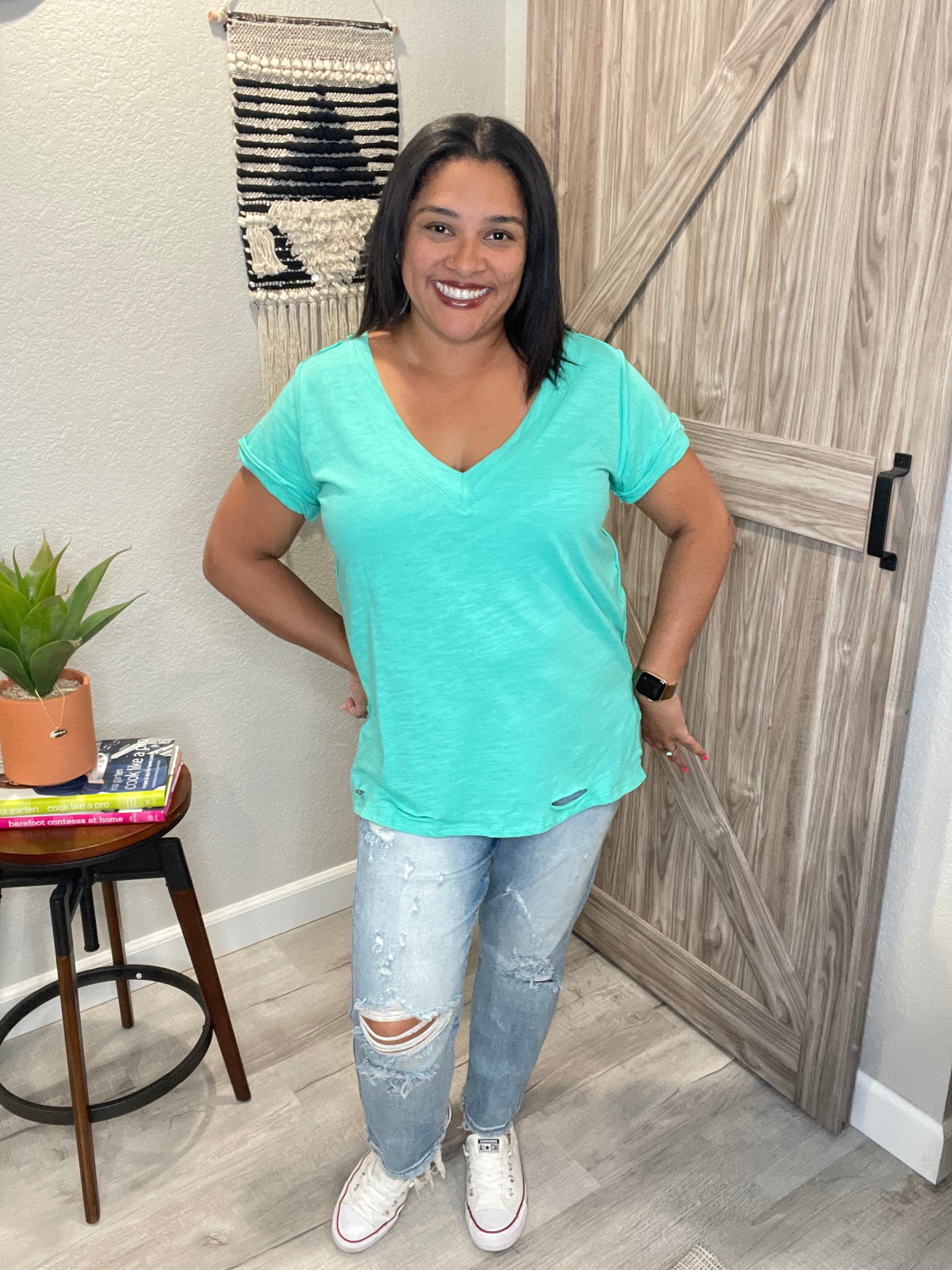 Gathered V Neck Short Sleeve Distressed Cotton Tee (Multiple colors available)