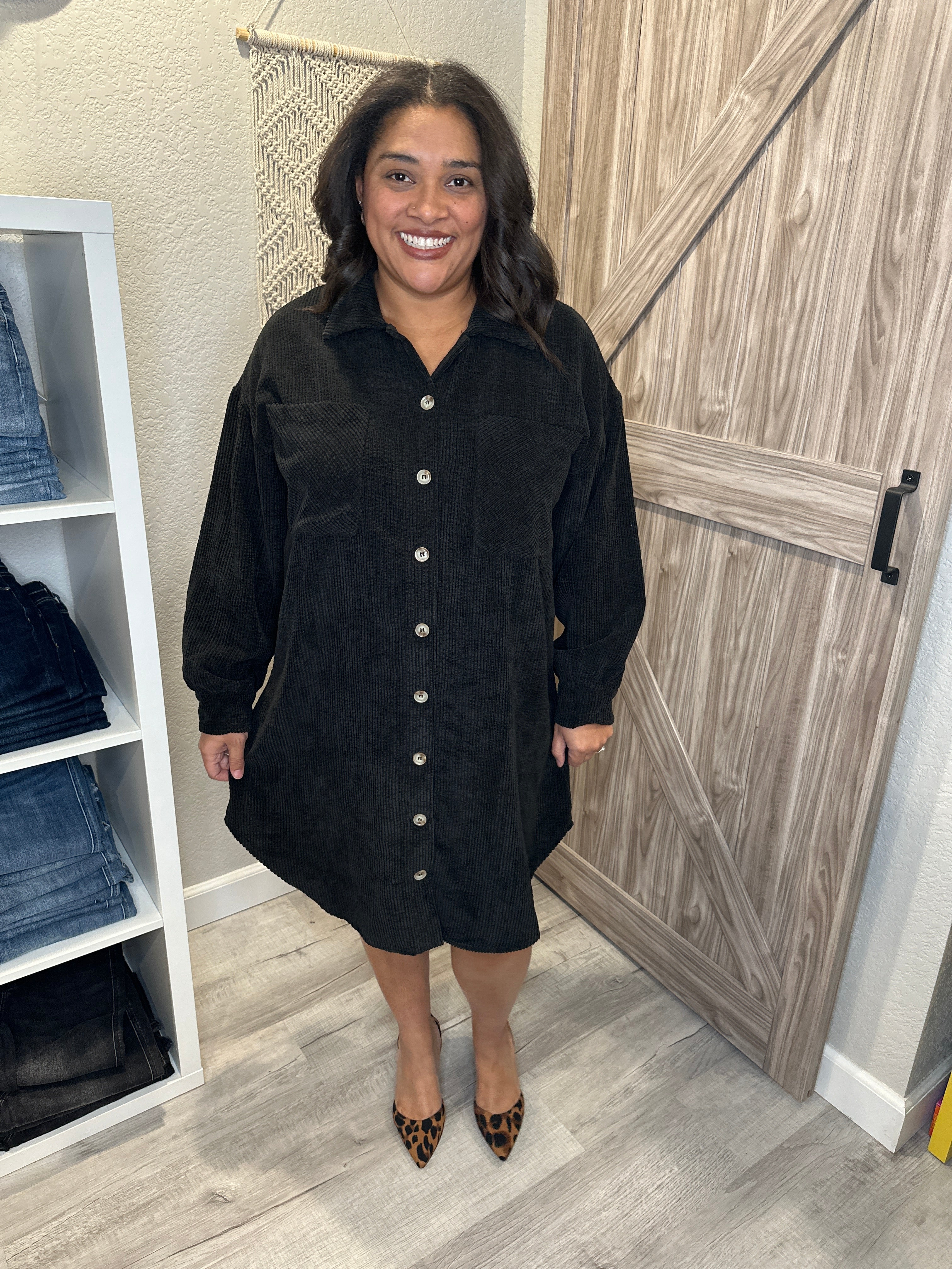 Size Large Black Corduroy Relaxed Fit Button Up Shirt Dress