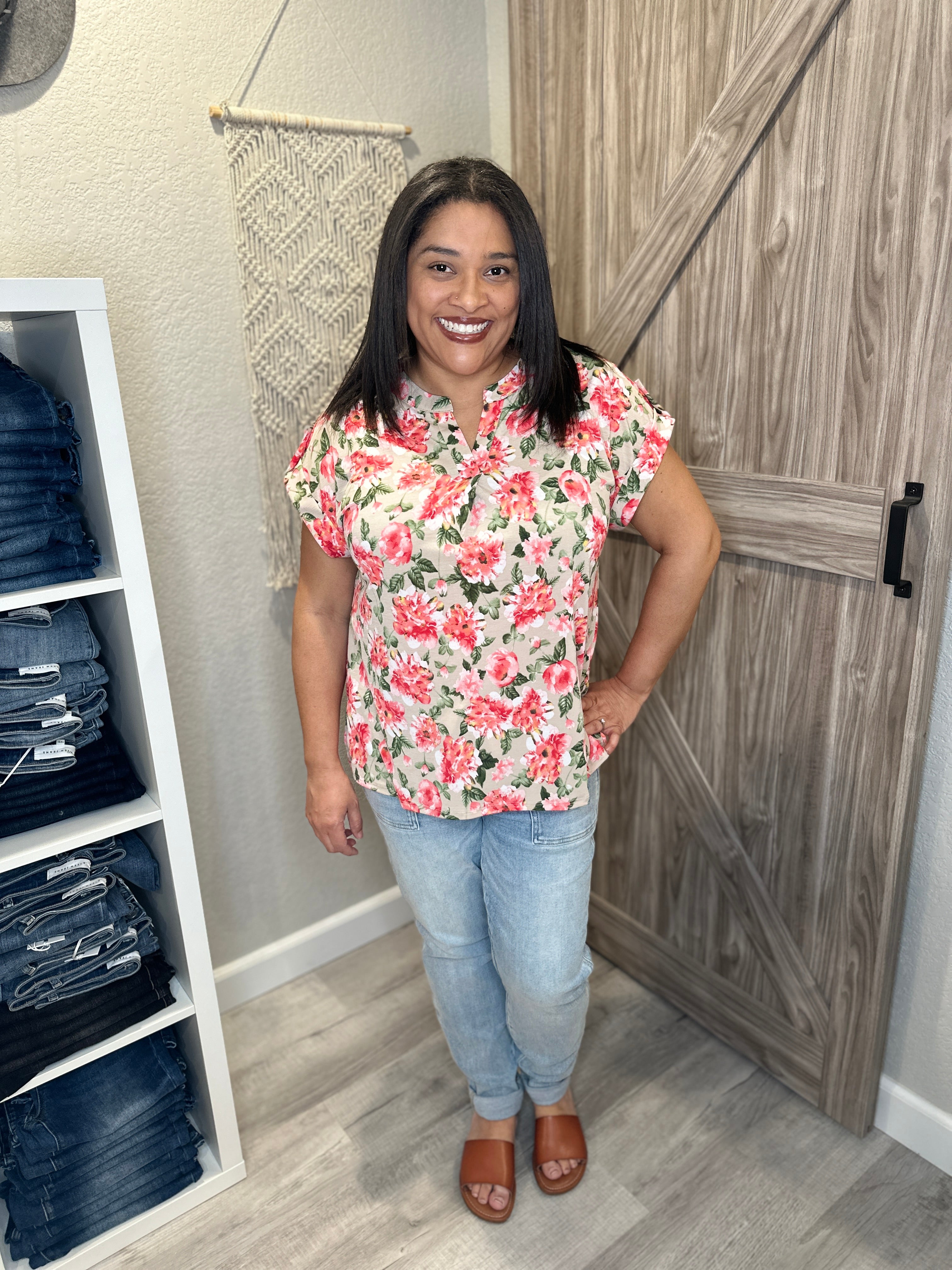 Floral Coral & Green Split Neck Short Sleeve Lizzy Top