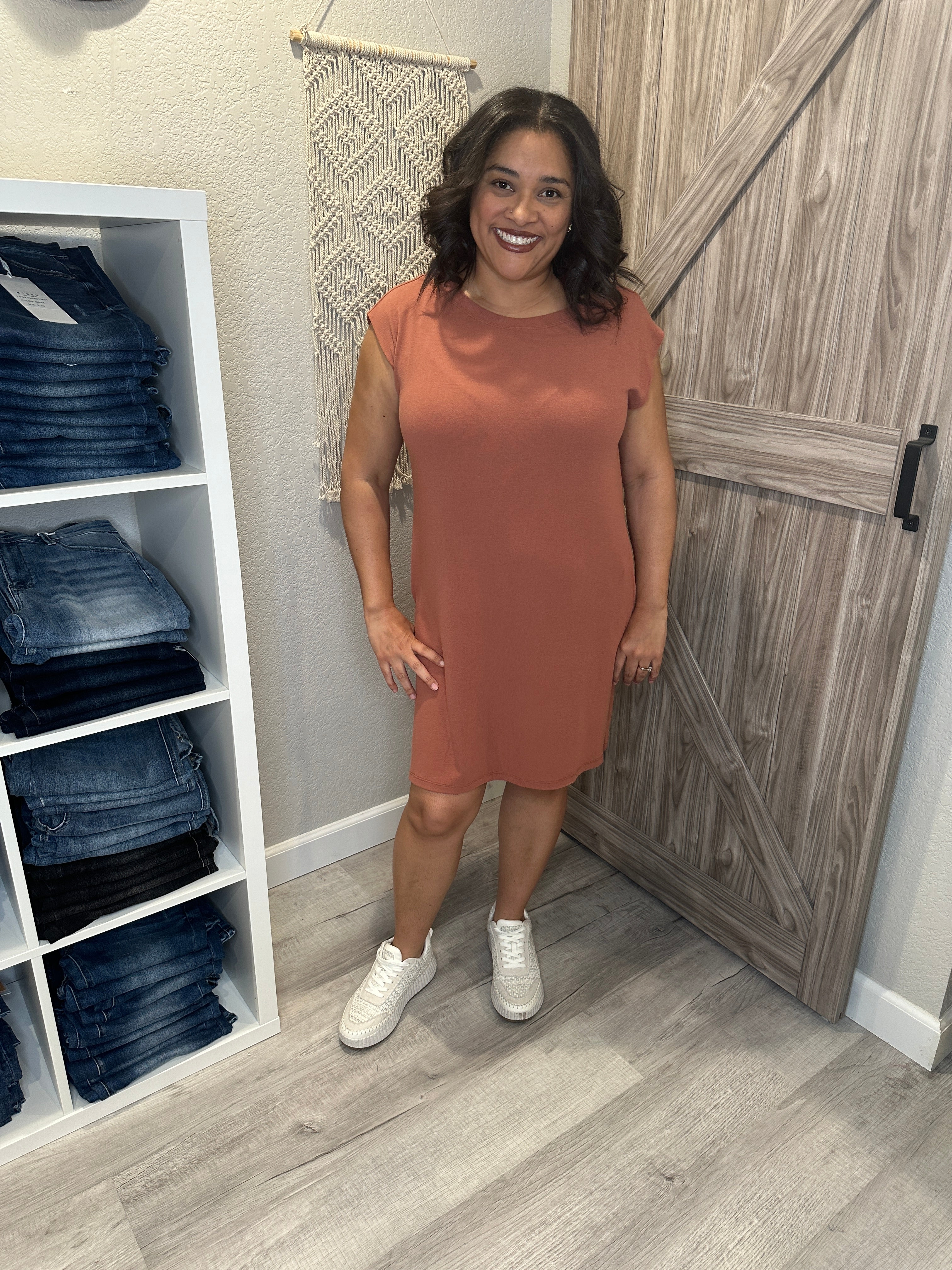 Cinnamon Viscose Sleeveless Knit Tunic Dress