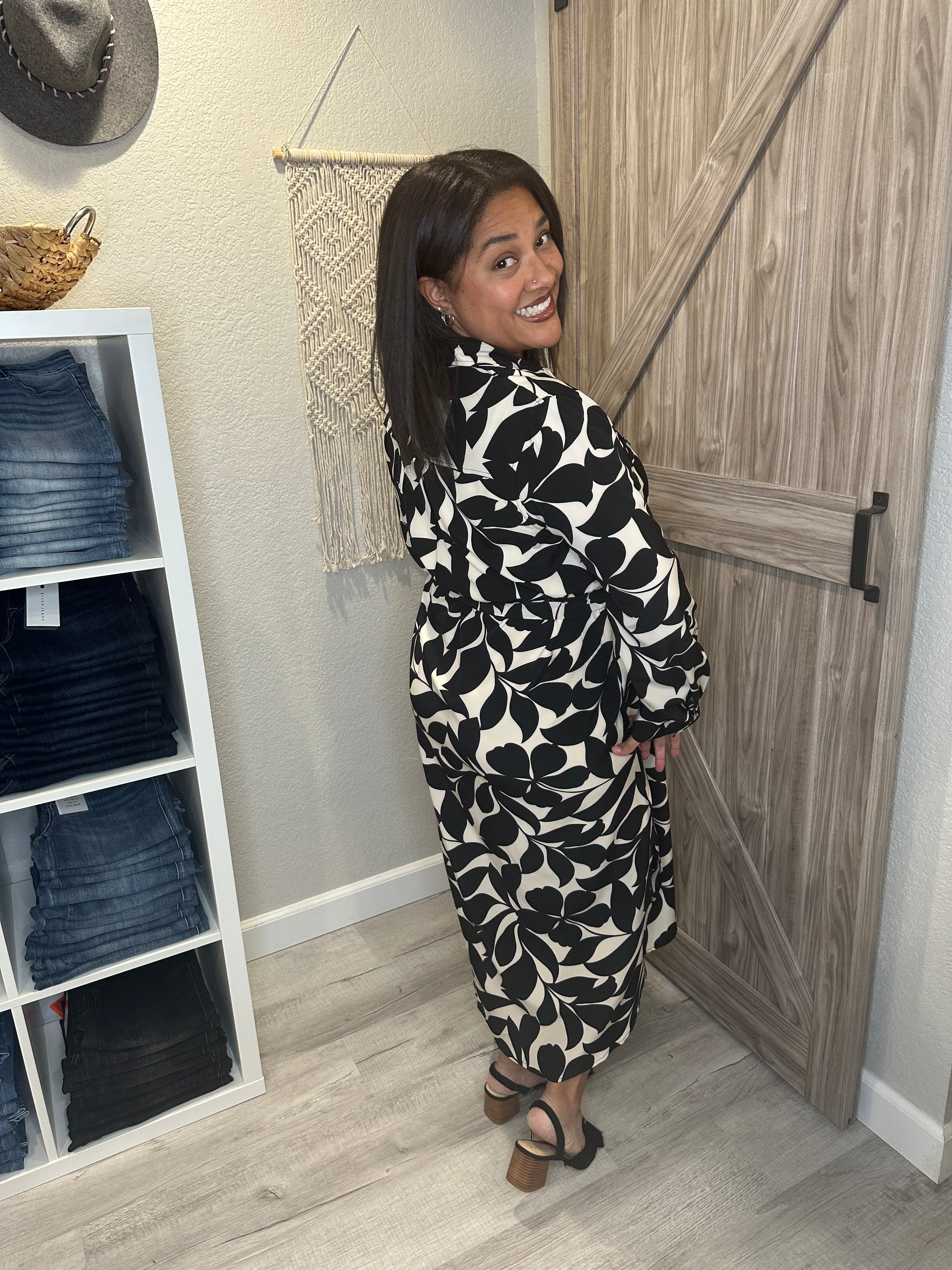 Cream & Black Floral Midi Button Front Dress