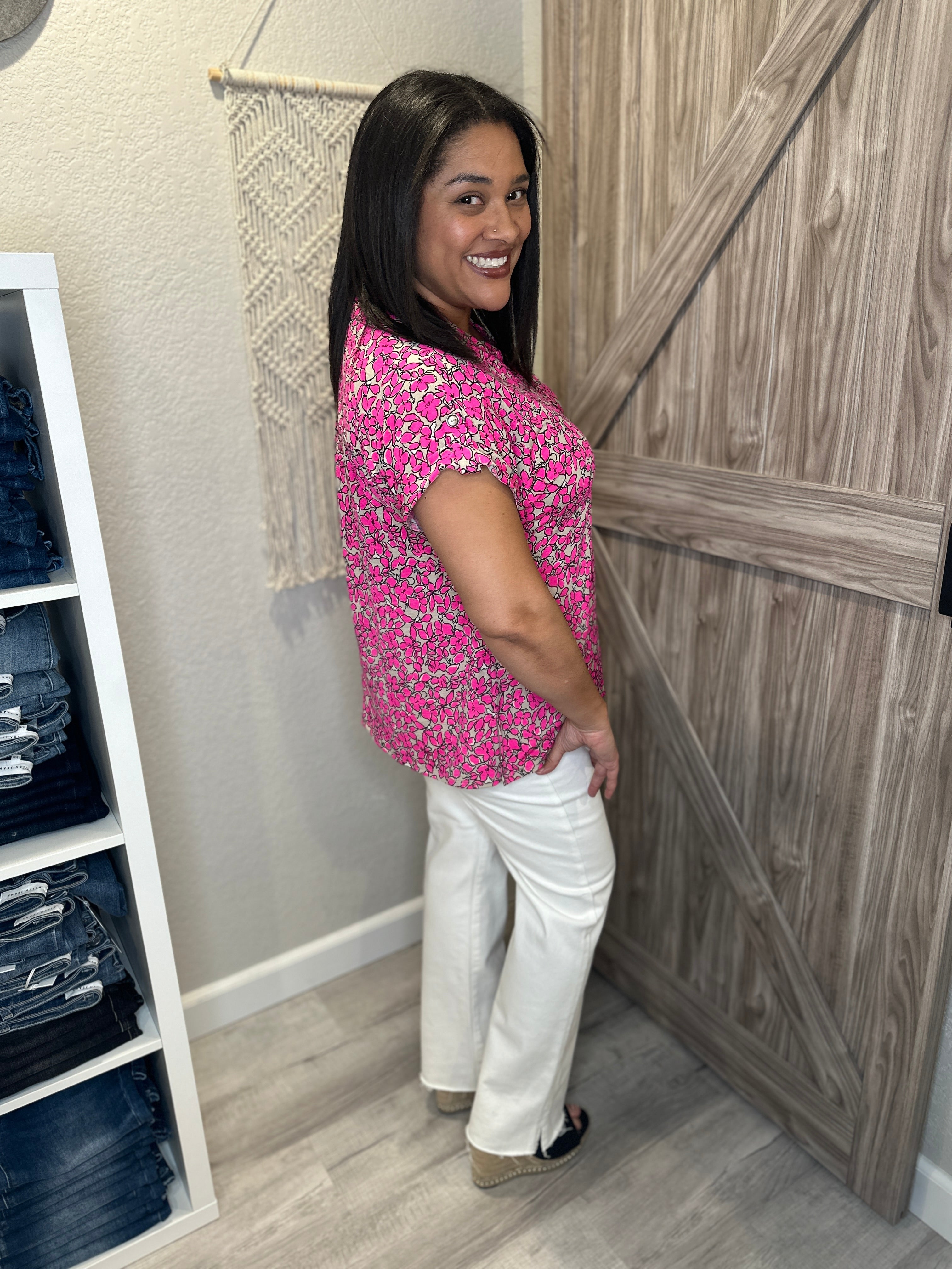 Floral Bright Pink Taupe & Black Split Neck Short Sleeve Lizzy Top