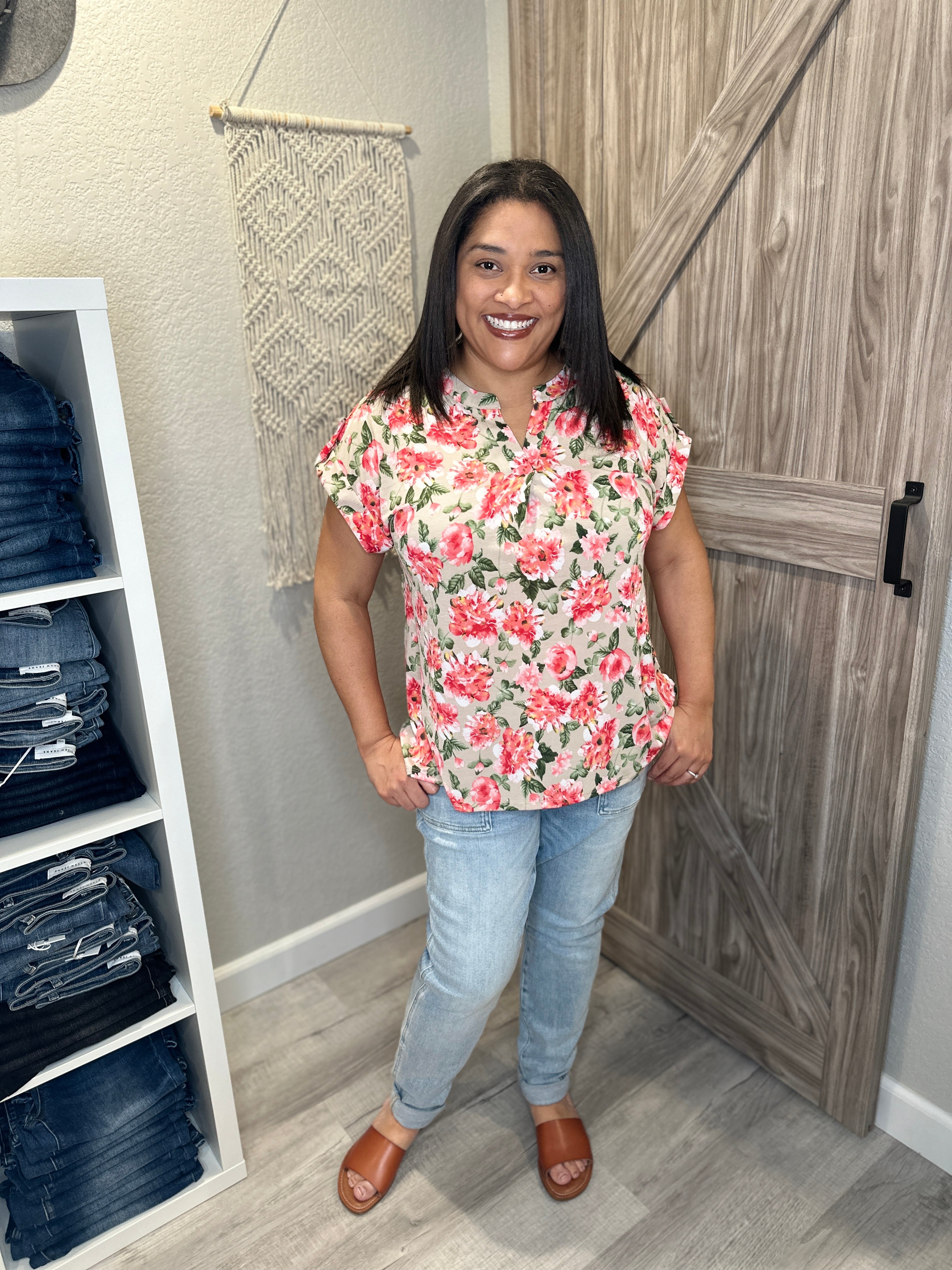 Floral Coral & Green Split Neck Short Sleeve Lizzy Top