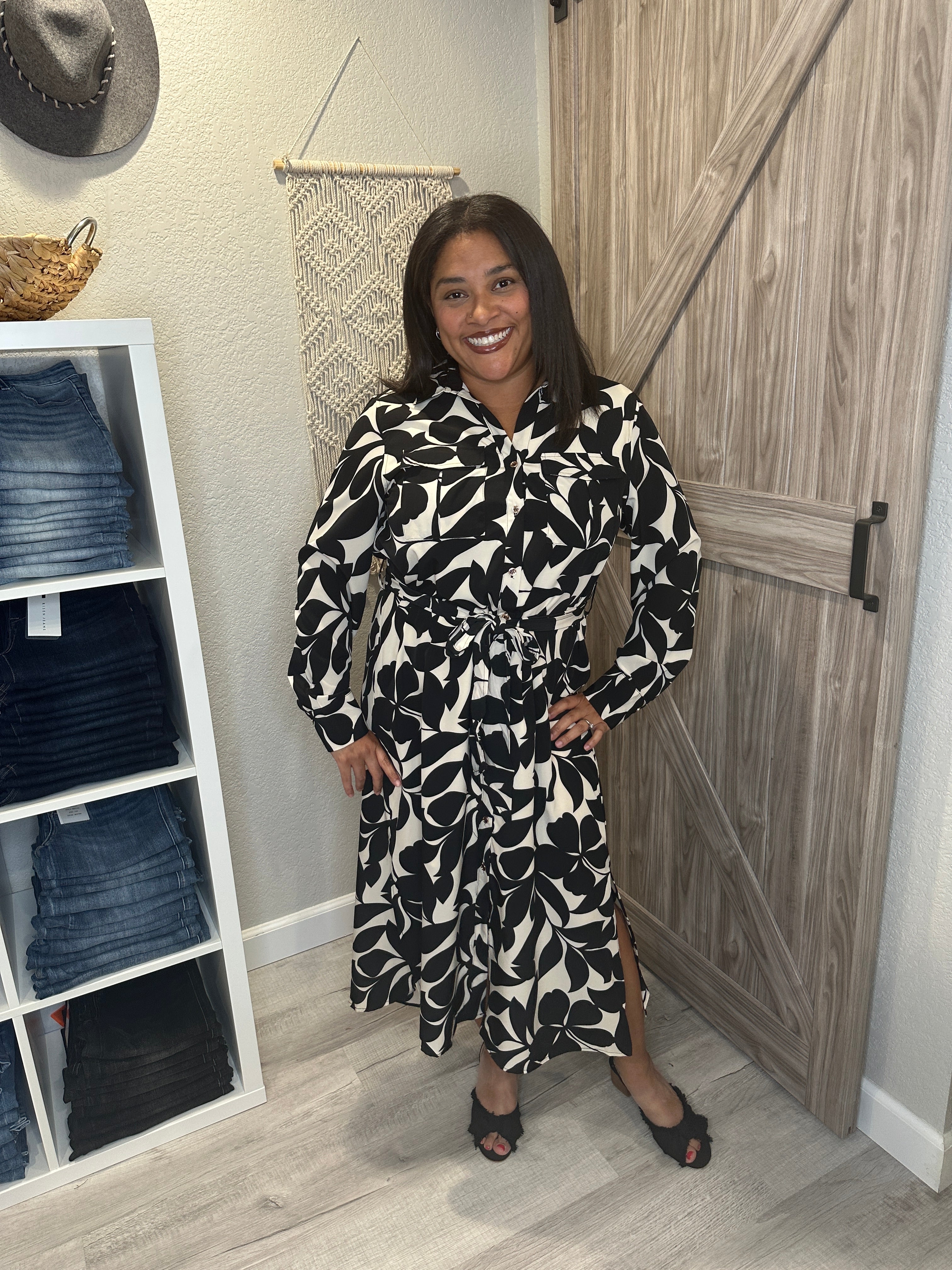 Cream & Black Floral Midi Button Front Dress