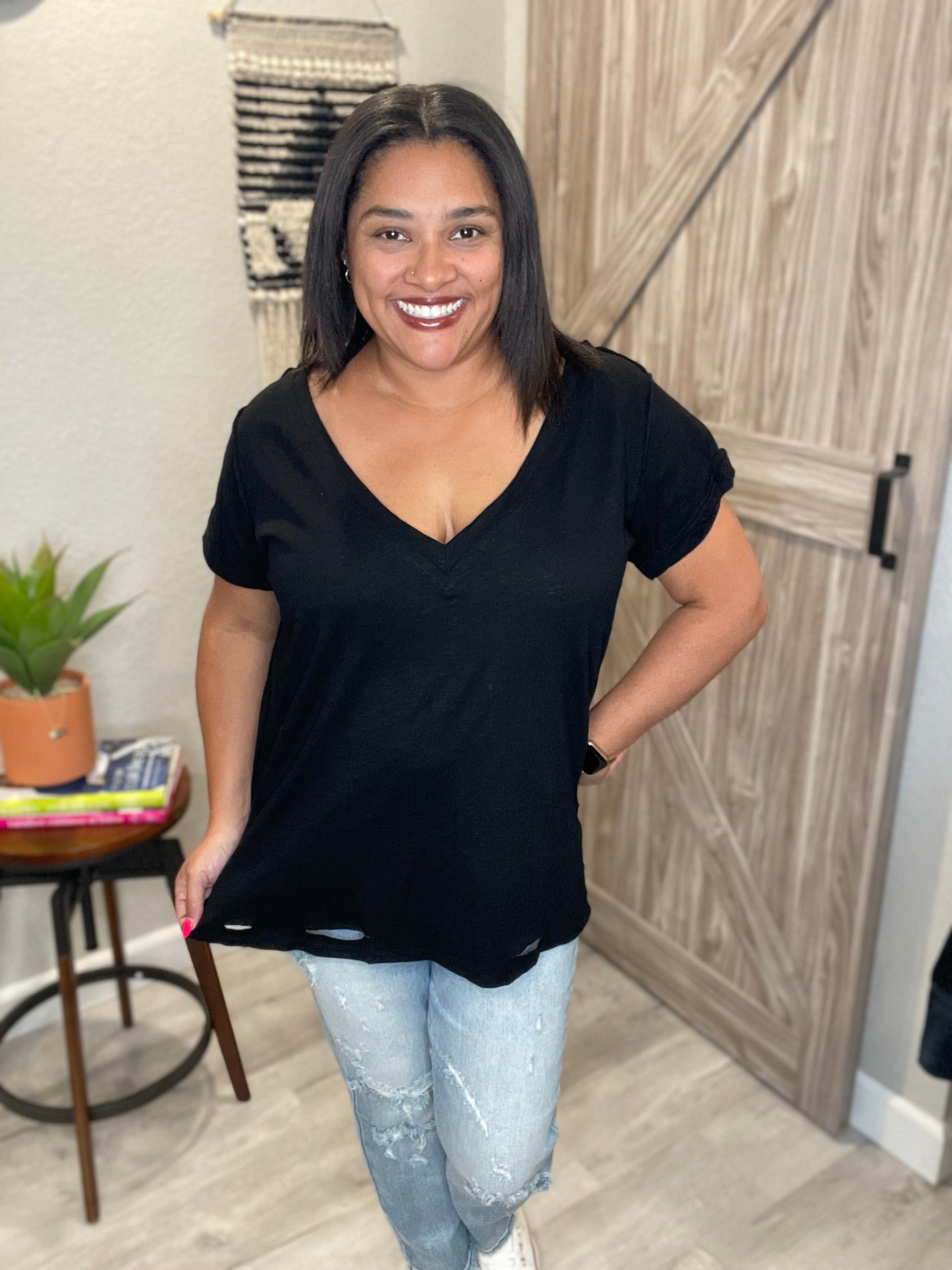 Gathered V Neck Short Sleeve Distressed Cotton Tee (Multiple colors available)
