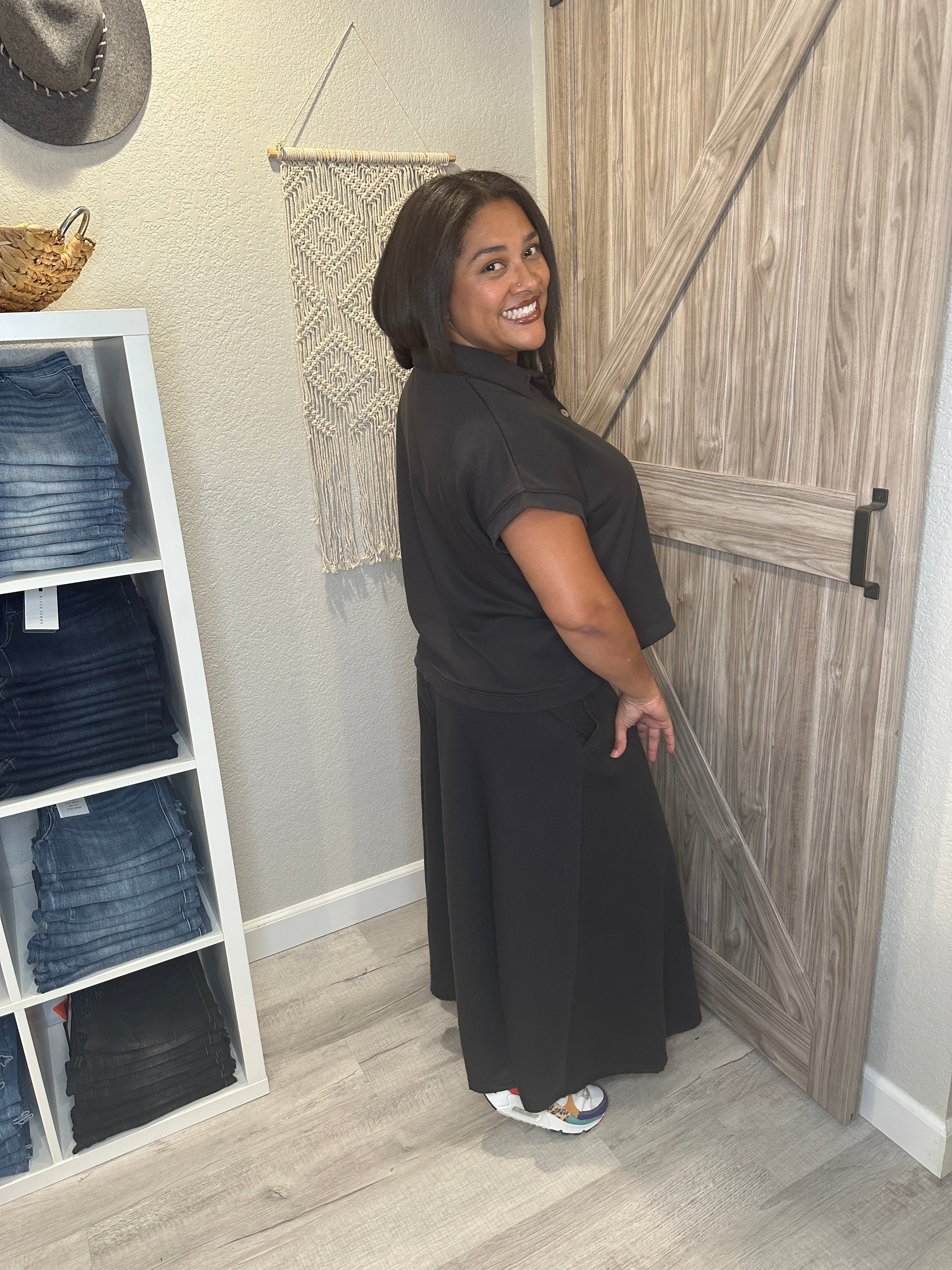 Faded Black Distressed Top and Wide Leg Pants Matching Set