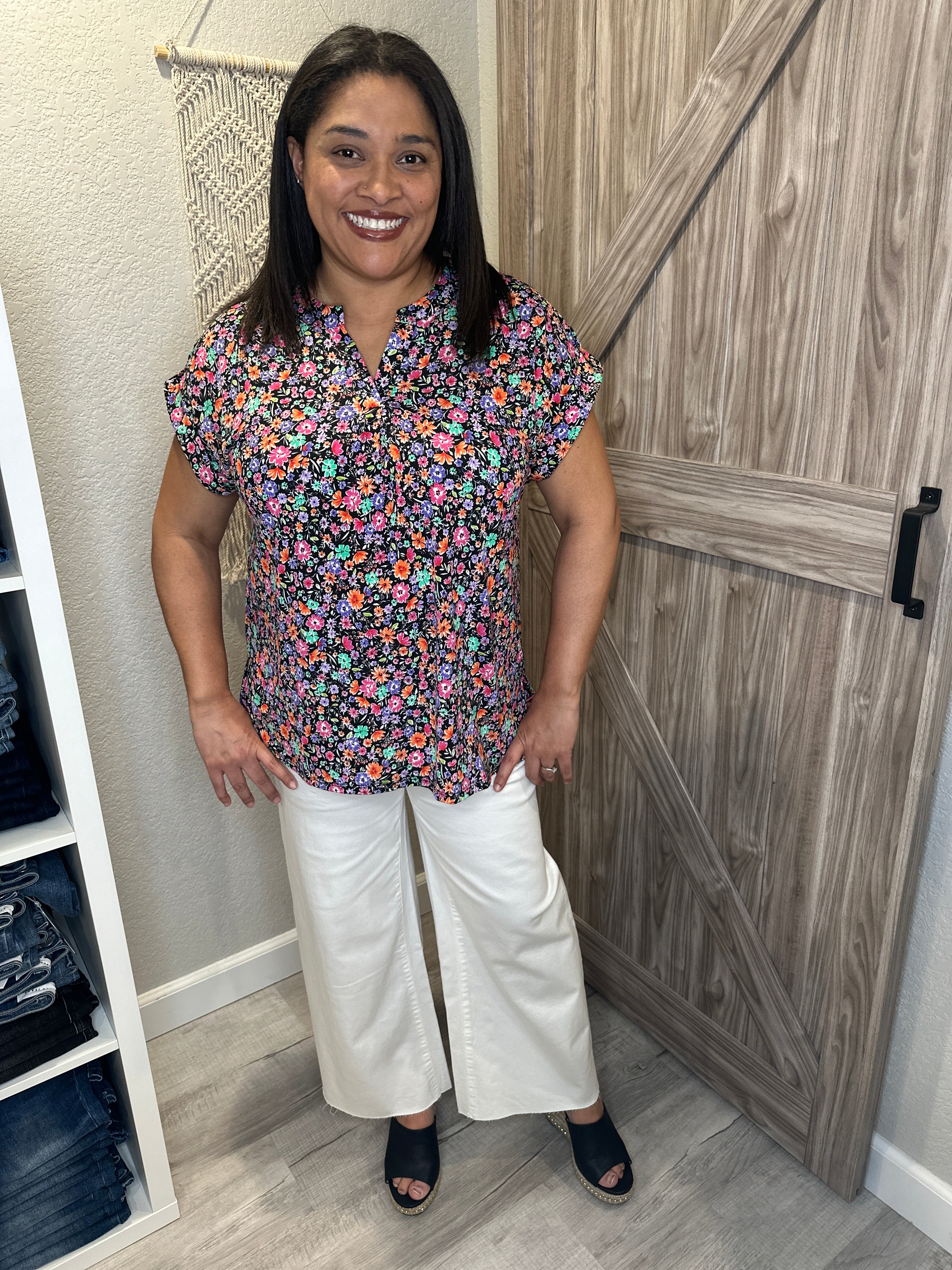 Floral Black Pink & Green Split Neck Short Sleeve Lizzy Top