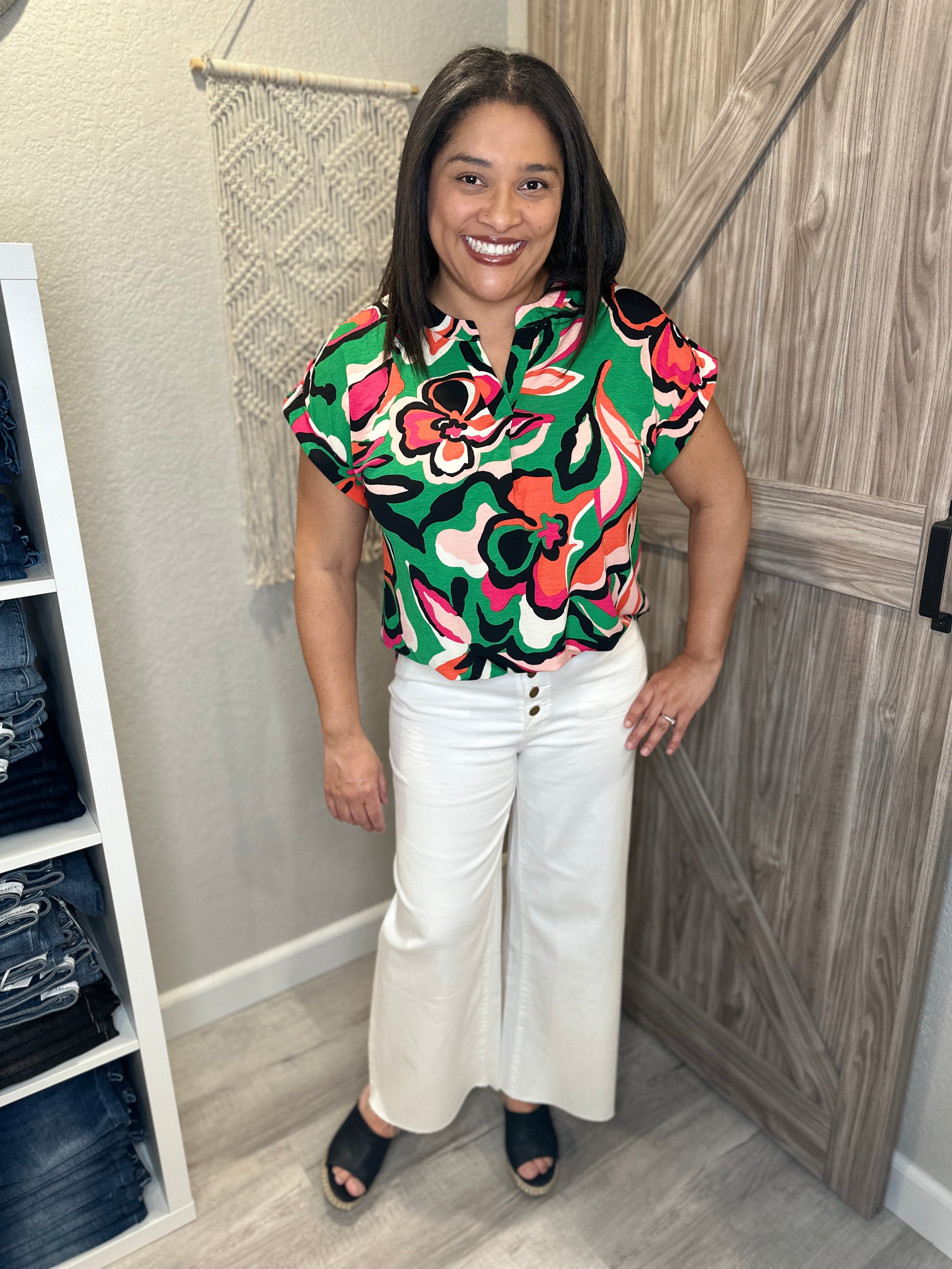 Large Floral Green & Black Split Neck Short Sleeve Lizzy Top