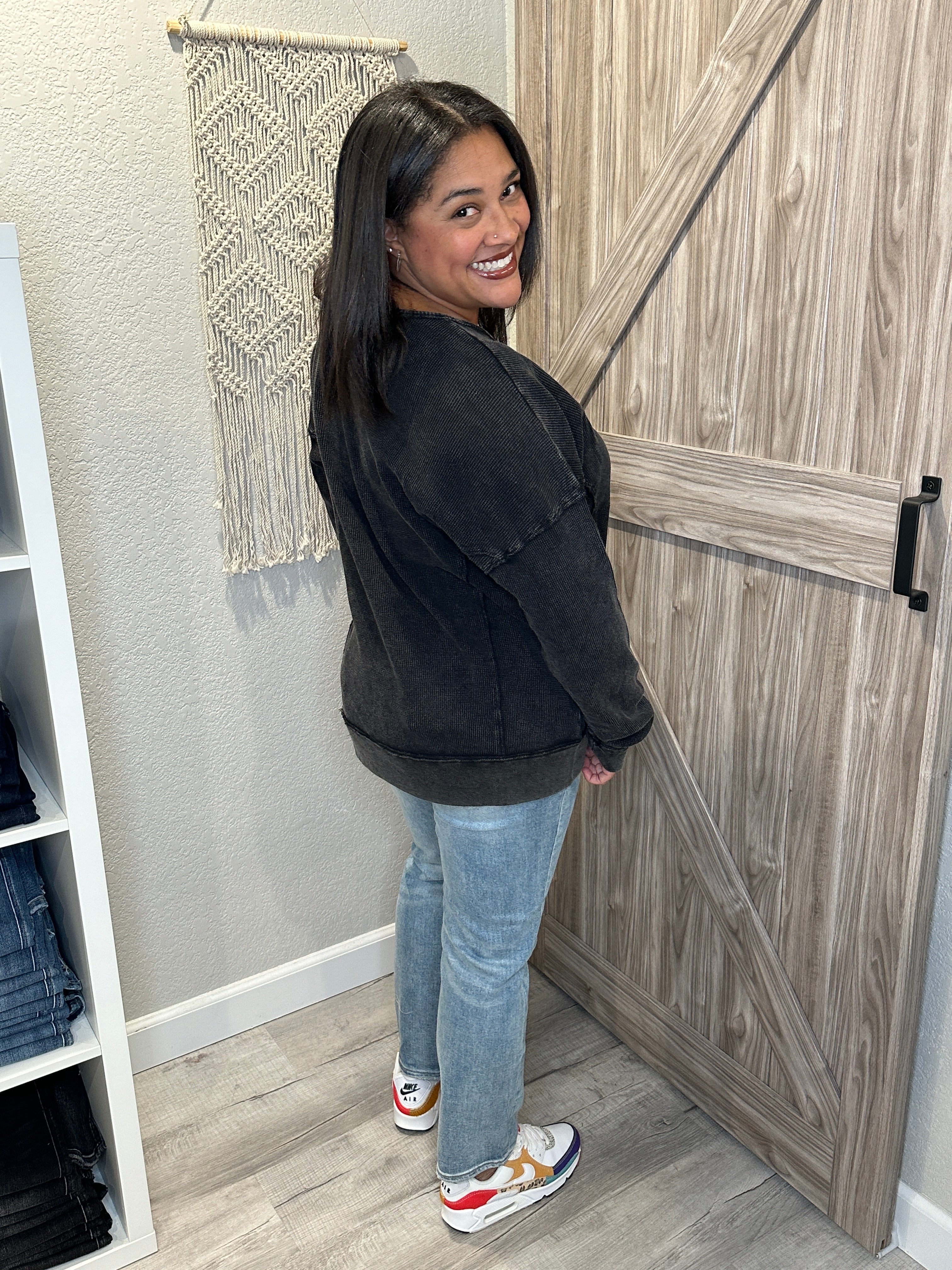 Charcoal Grey Mineral Washed Dolman Sleeve Oversized Thermal Top