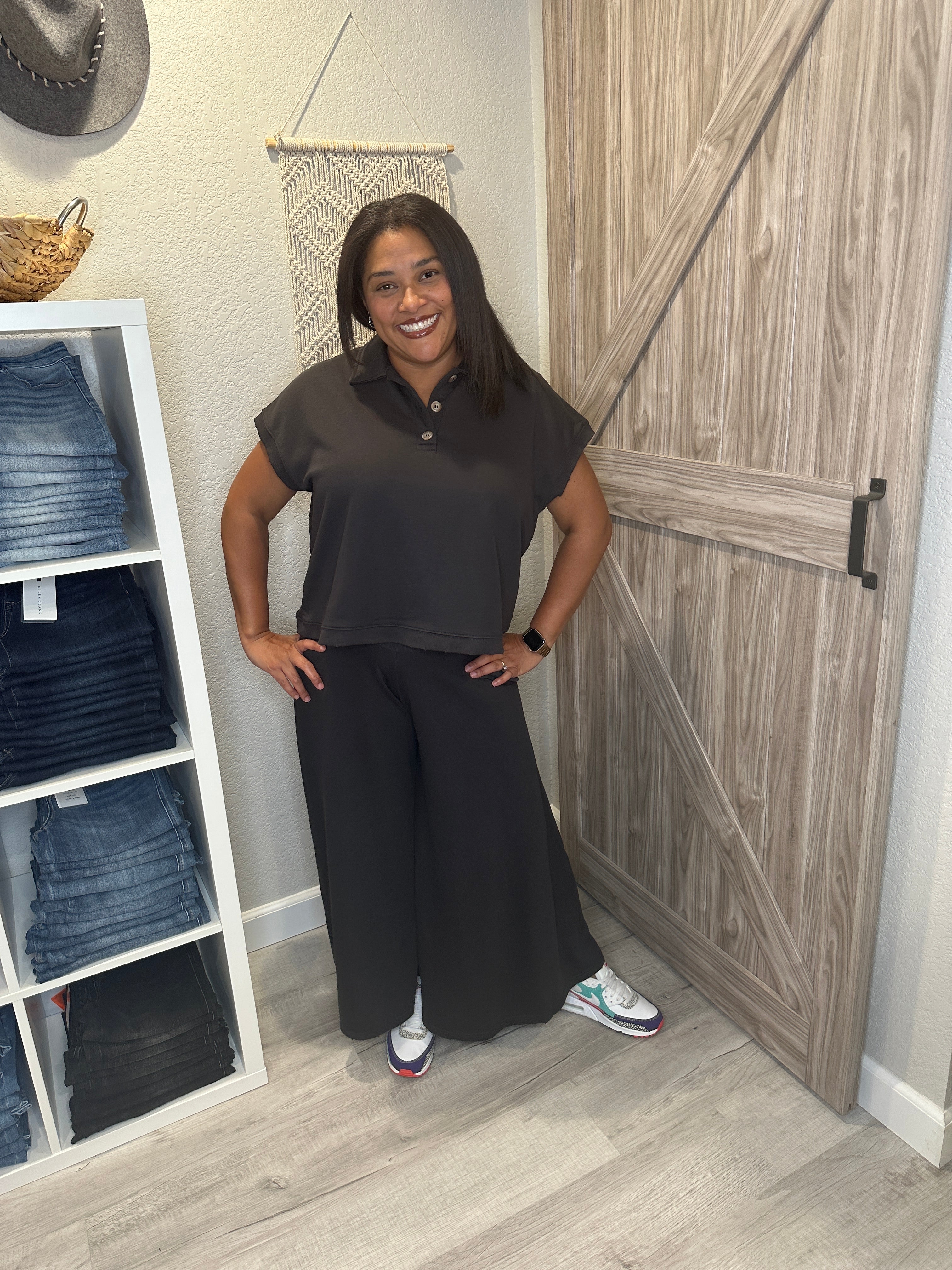 Faded Black Distressed Top and Wide Leg Pants Matching Set