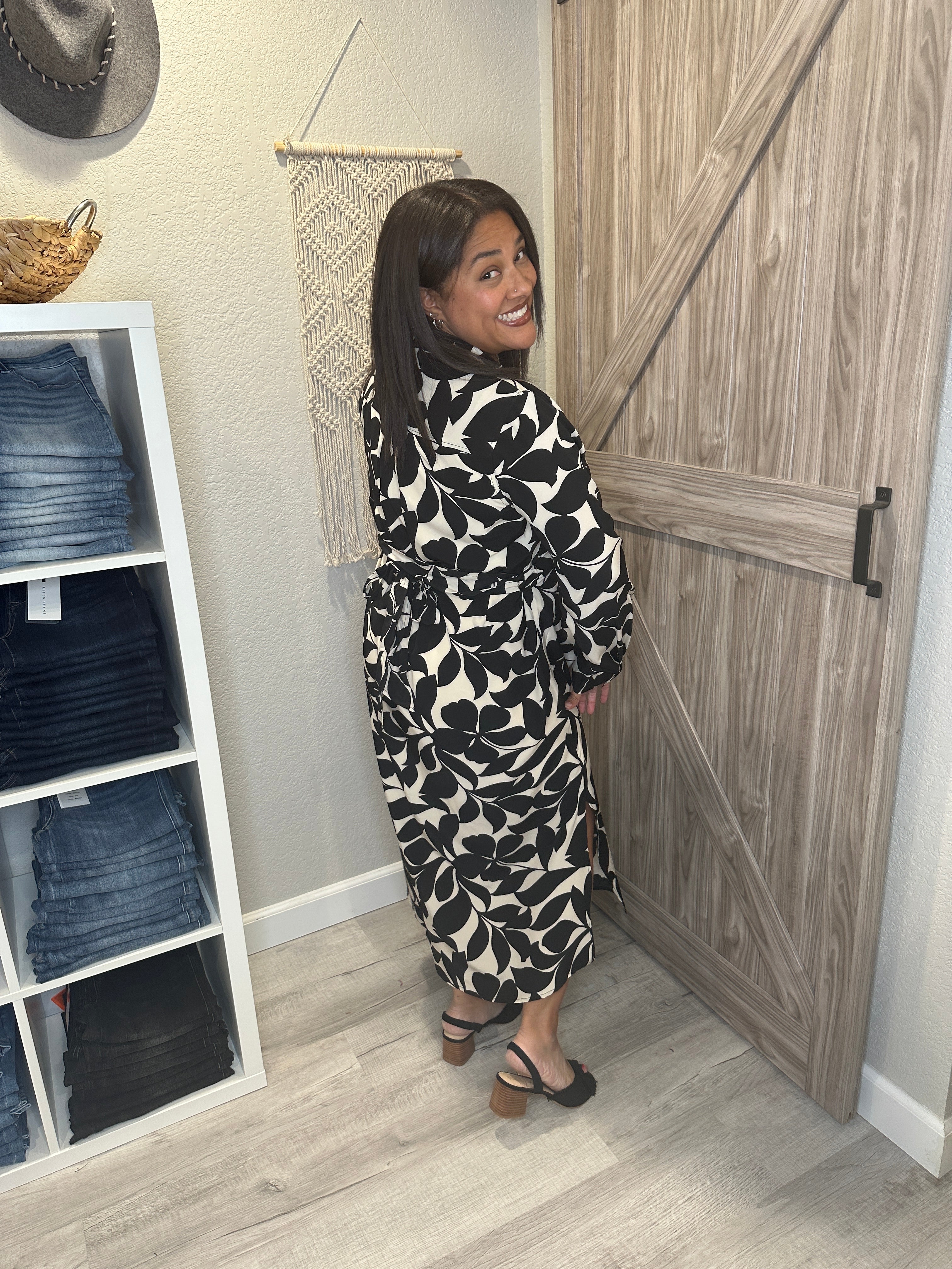 Cream & Black Floral Midi Button Front Dress