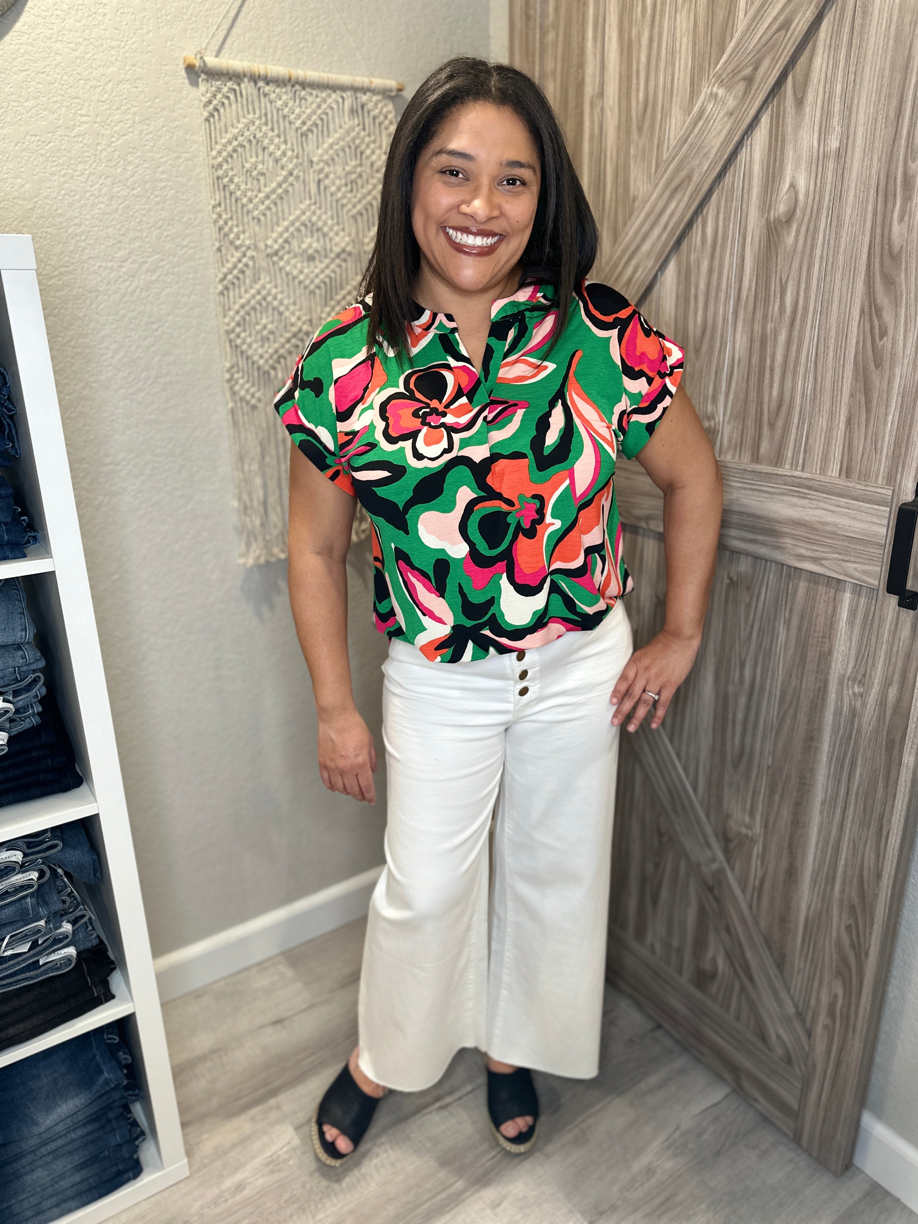 Large Floral Green & Black Split Neck Short Sleeve Lizzy Top