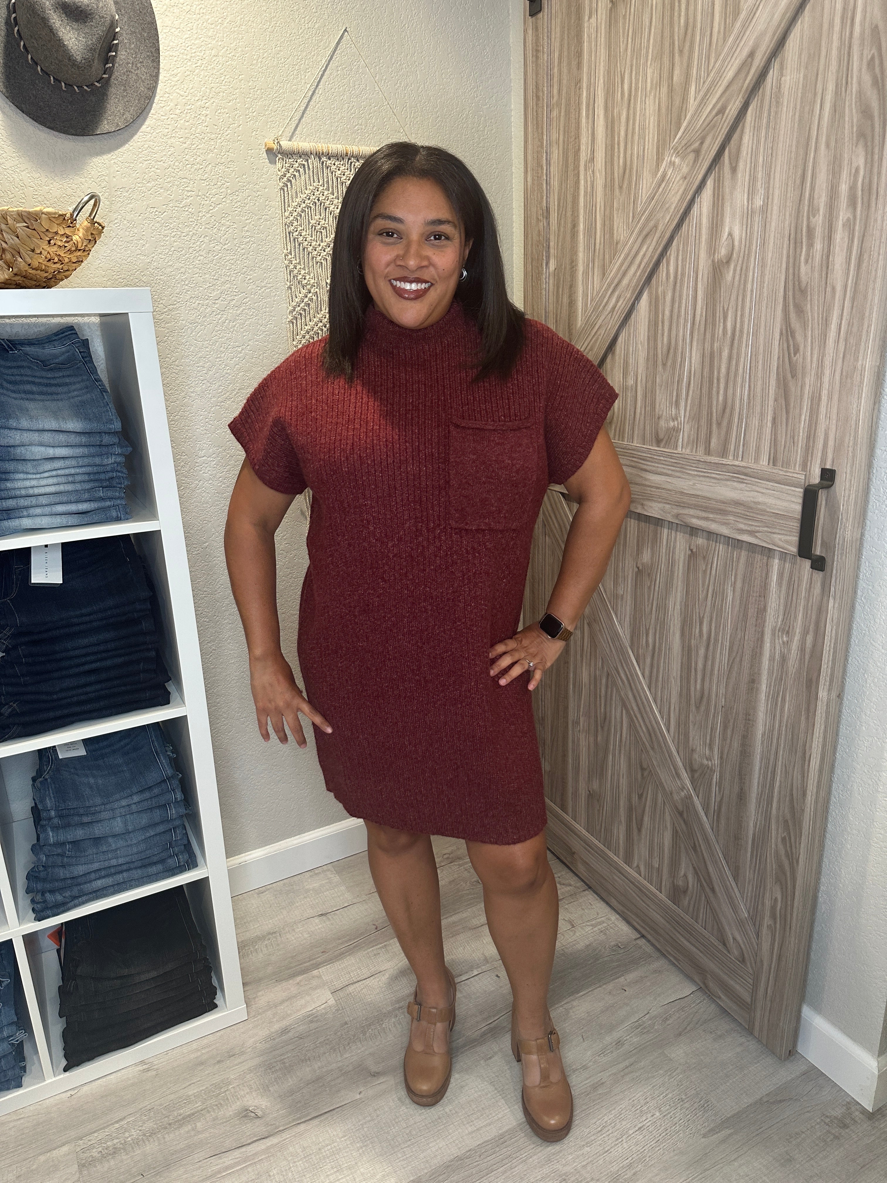 Cranberry Mock Neck Sweater Knit Above the Knee Dress