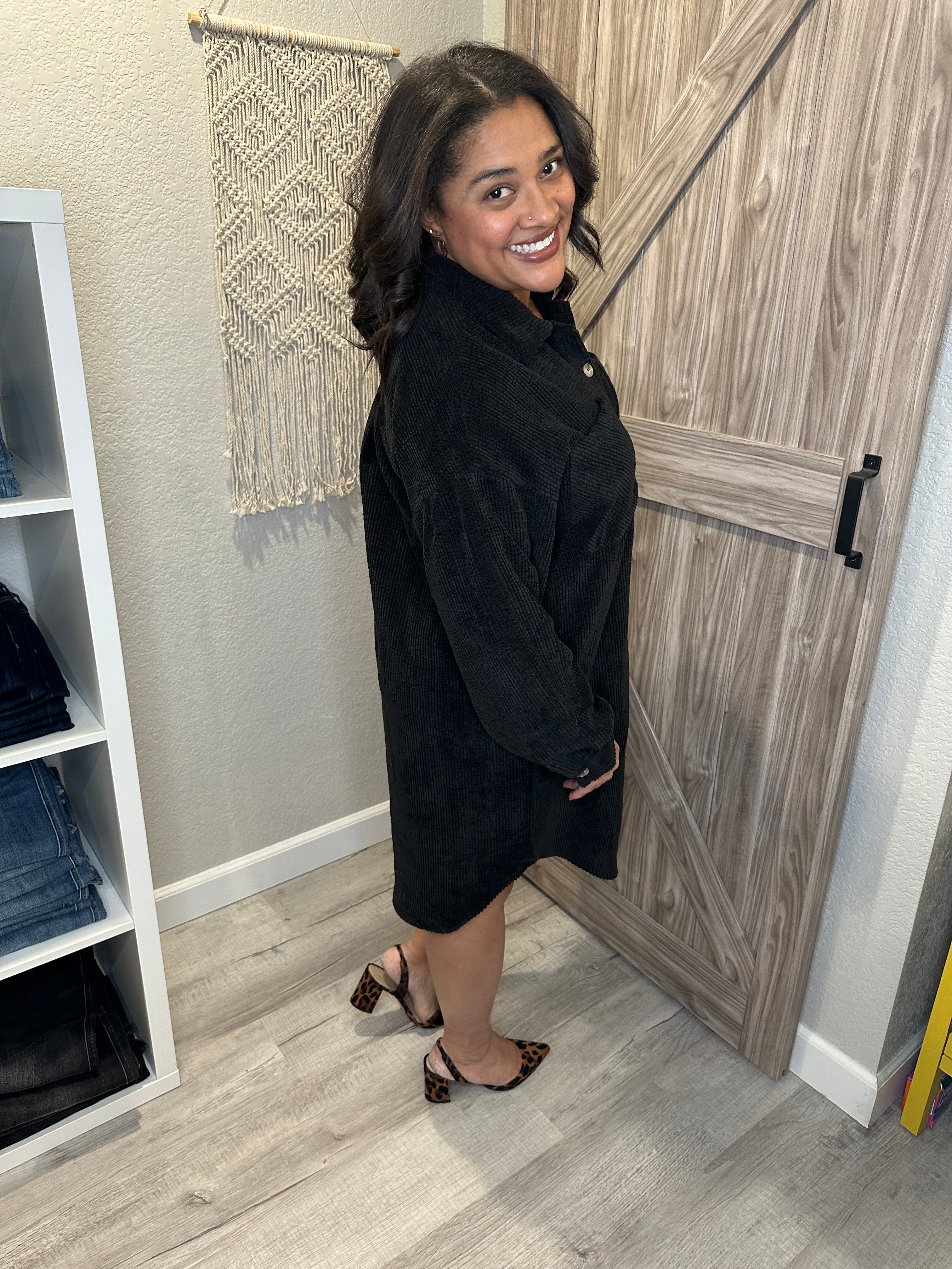 Size Large Black Corduroy Relaxed Fit Button Up Shirt Dress
