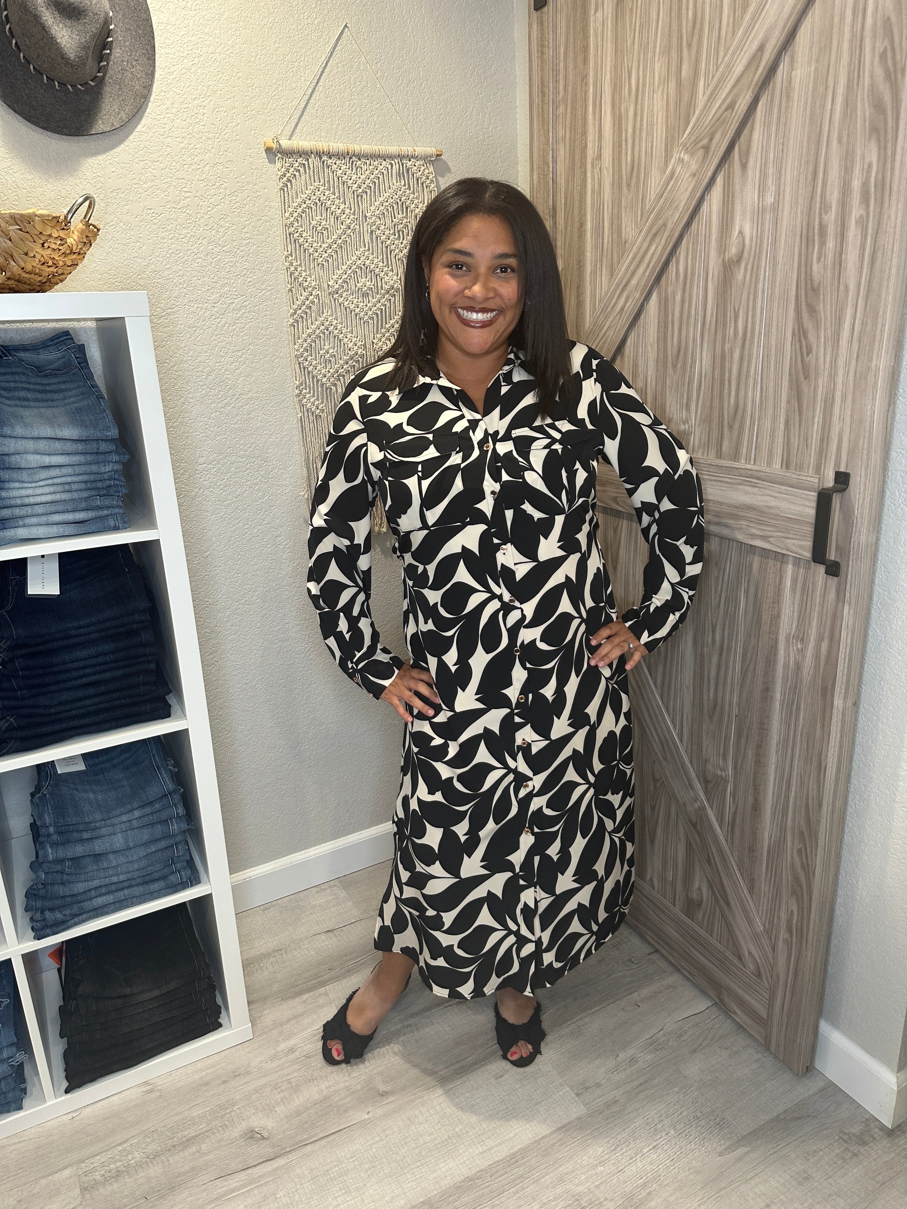 Cream & Black Floral Midi Button Front Dress