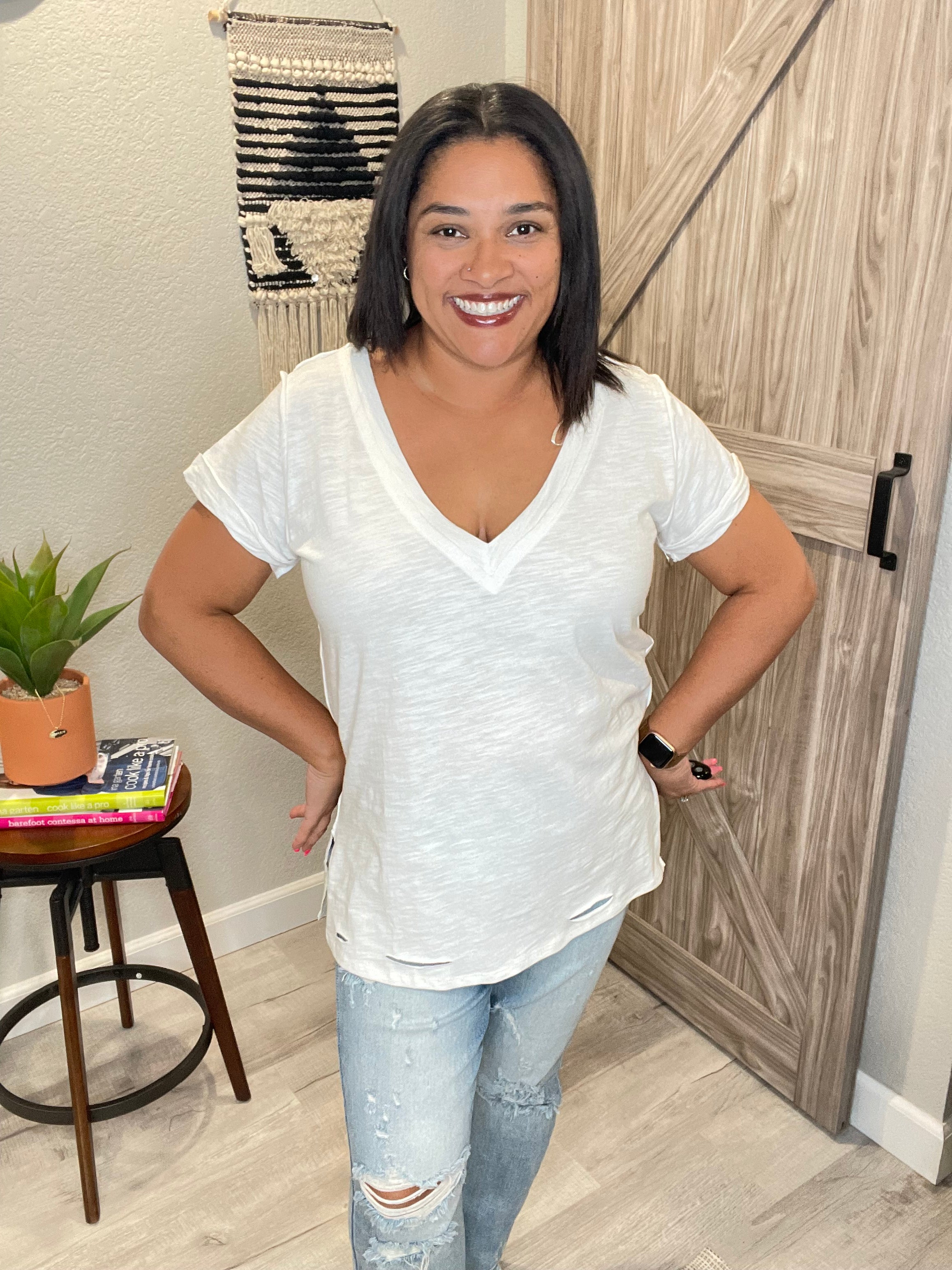 Gathered V Neck Short Sleeve Distressed Cotton Tee (Multiple colors available)