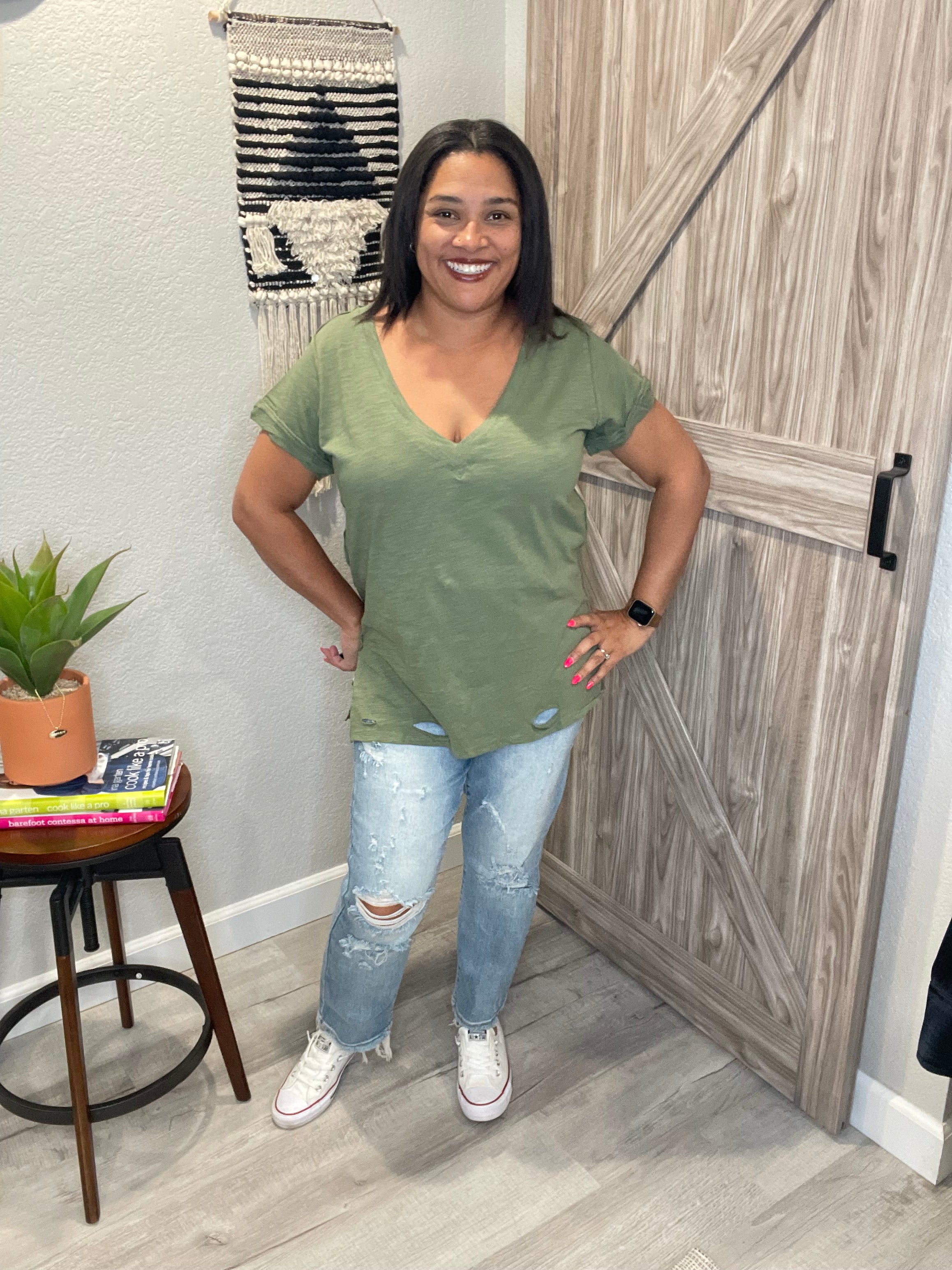 Gathered V Neck Short Sleeve Distressed Cotton Tee (Multiple colors available)