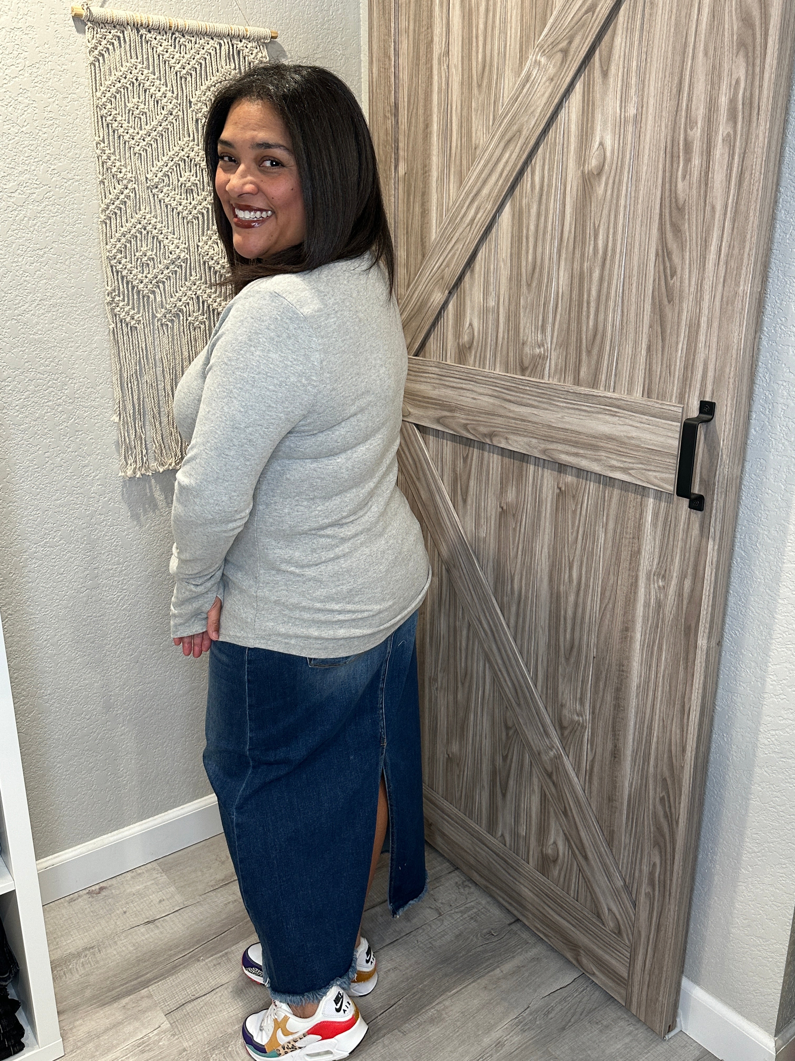 Grey Ribbed Snap Front Henley Top
