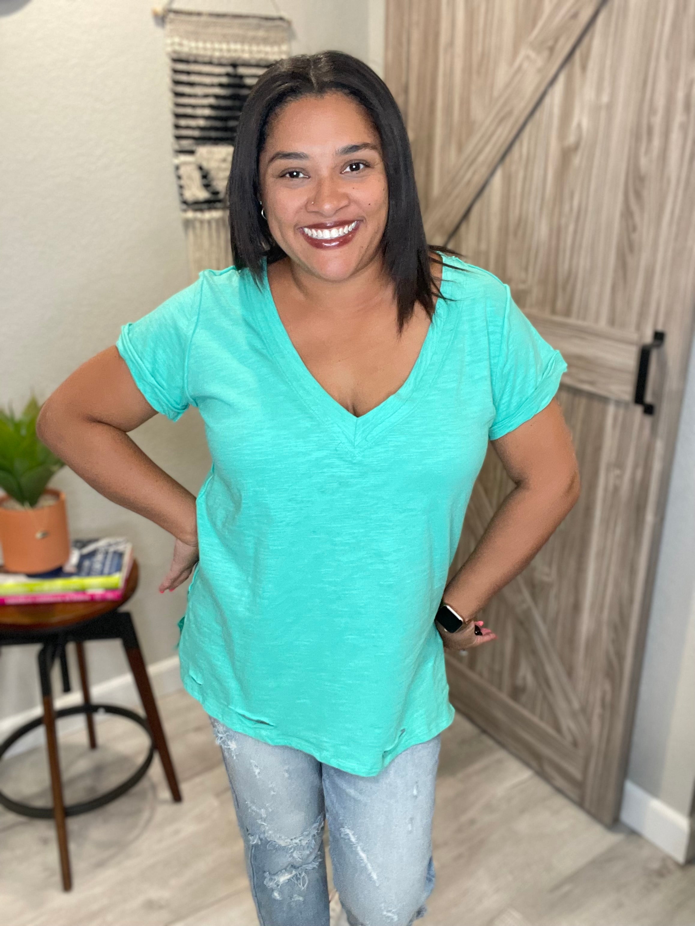 Gathered V Neck Short Sleeve Distressed Cotton Tee (Multiple colors available)
