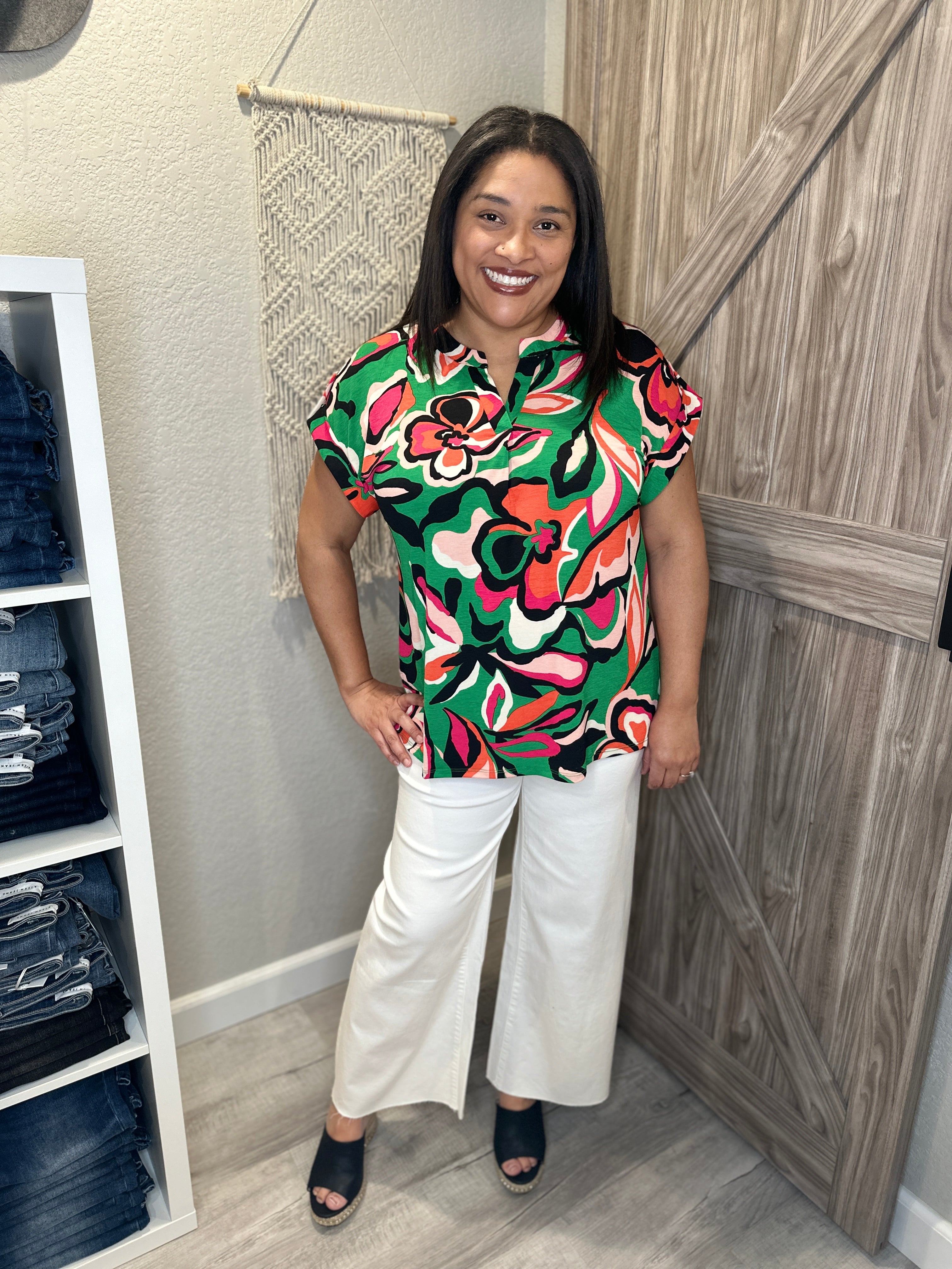 Large Floral Green & Black Split Neck Short Sleeve Lizzy Top