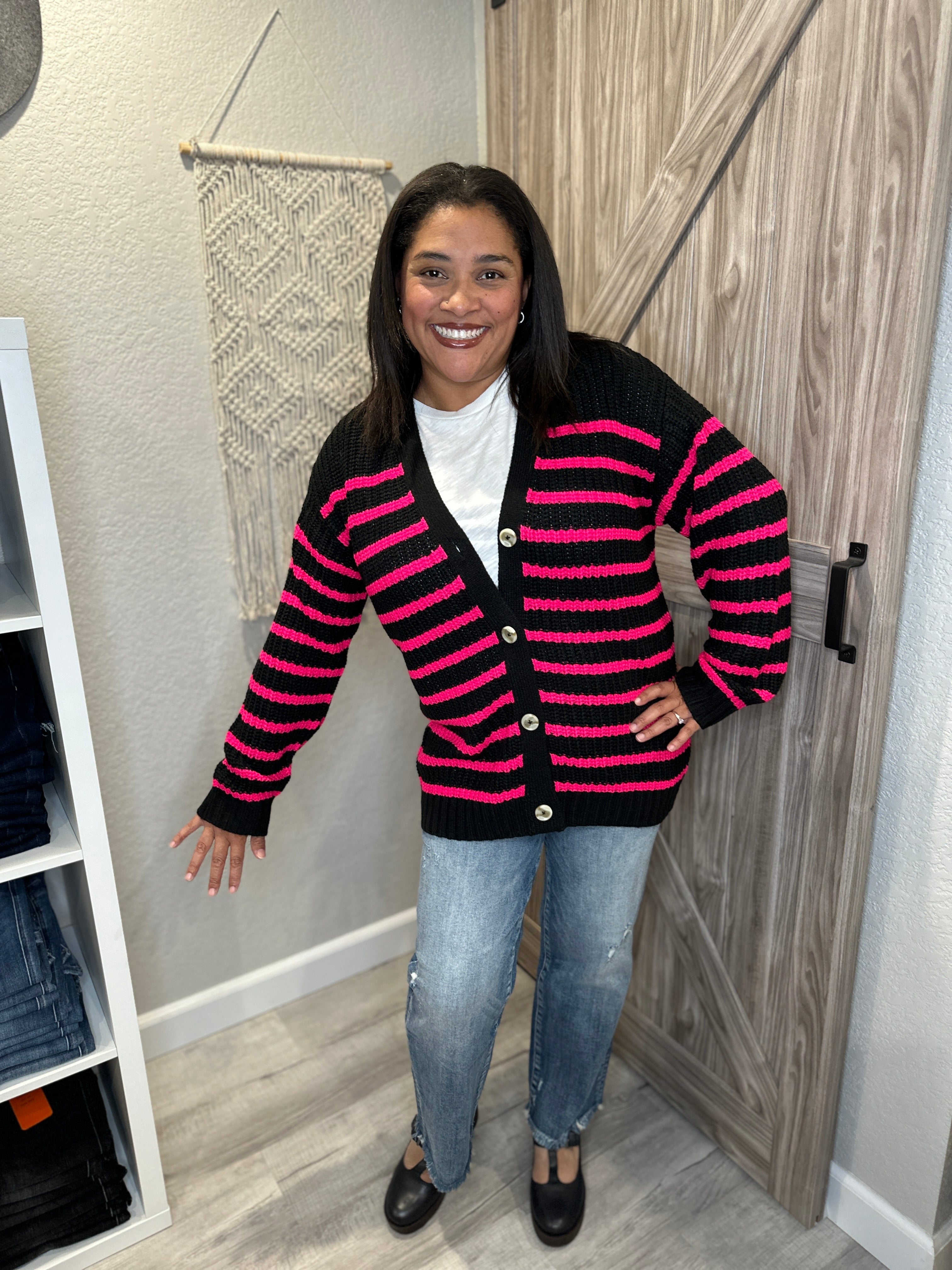 Chaser Black & Pink Chenille Vibe Stripe Cardigan Sweater