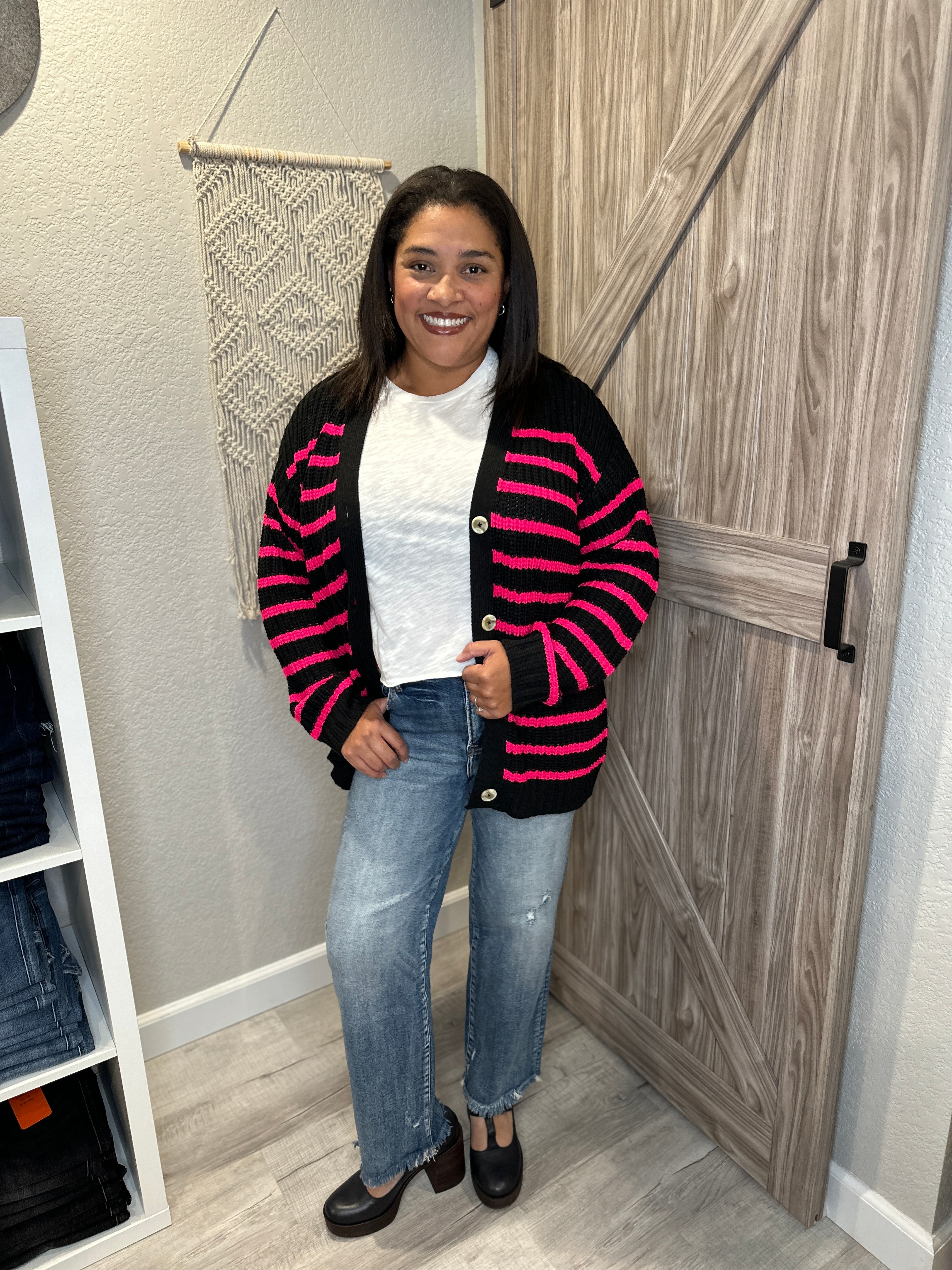 Chaser Black & Pink Chenille Vibe Stripe Cardigan Sweater