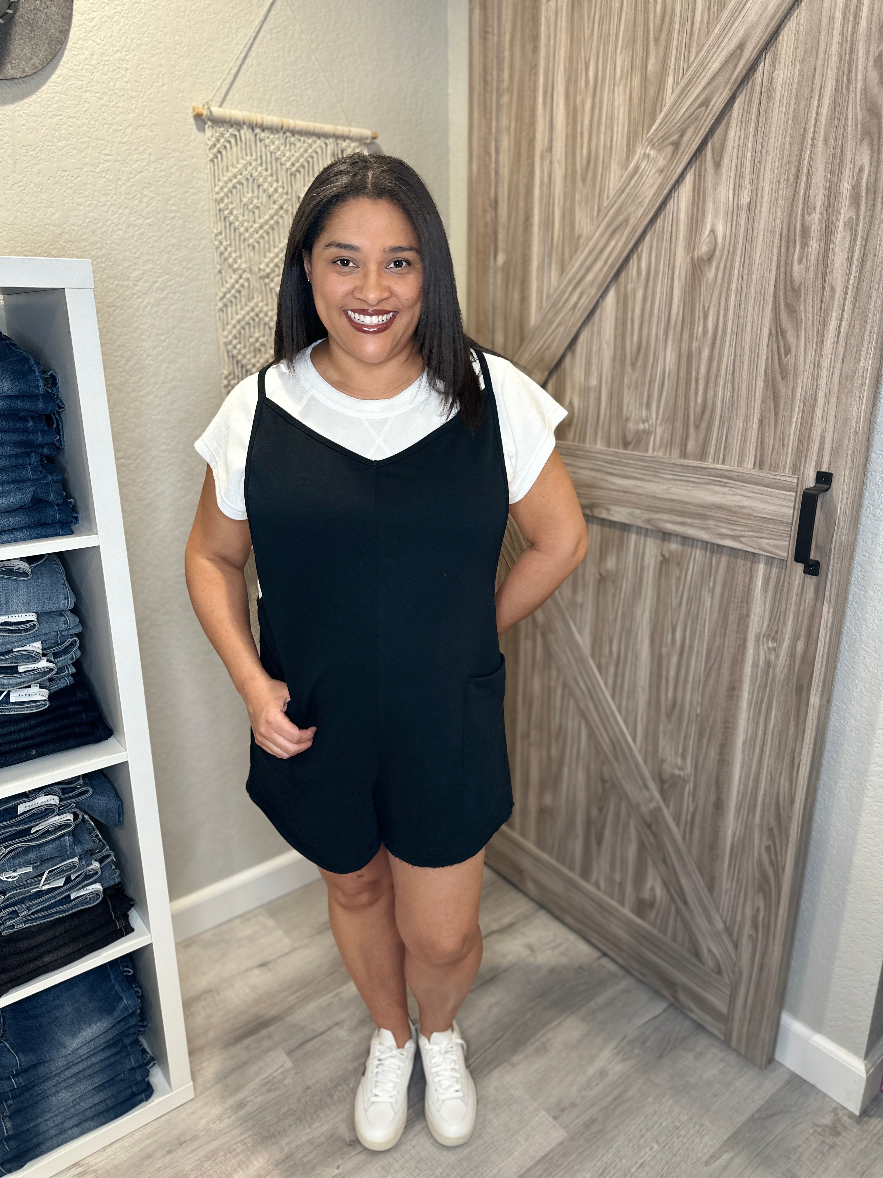 Black Raw Edge V-Neck Romper