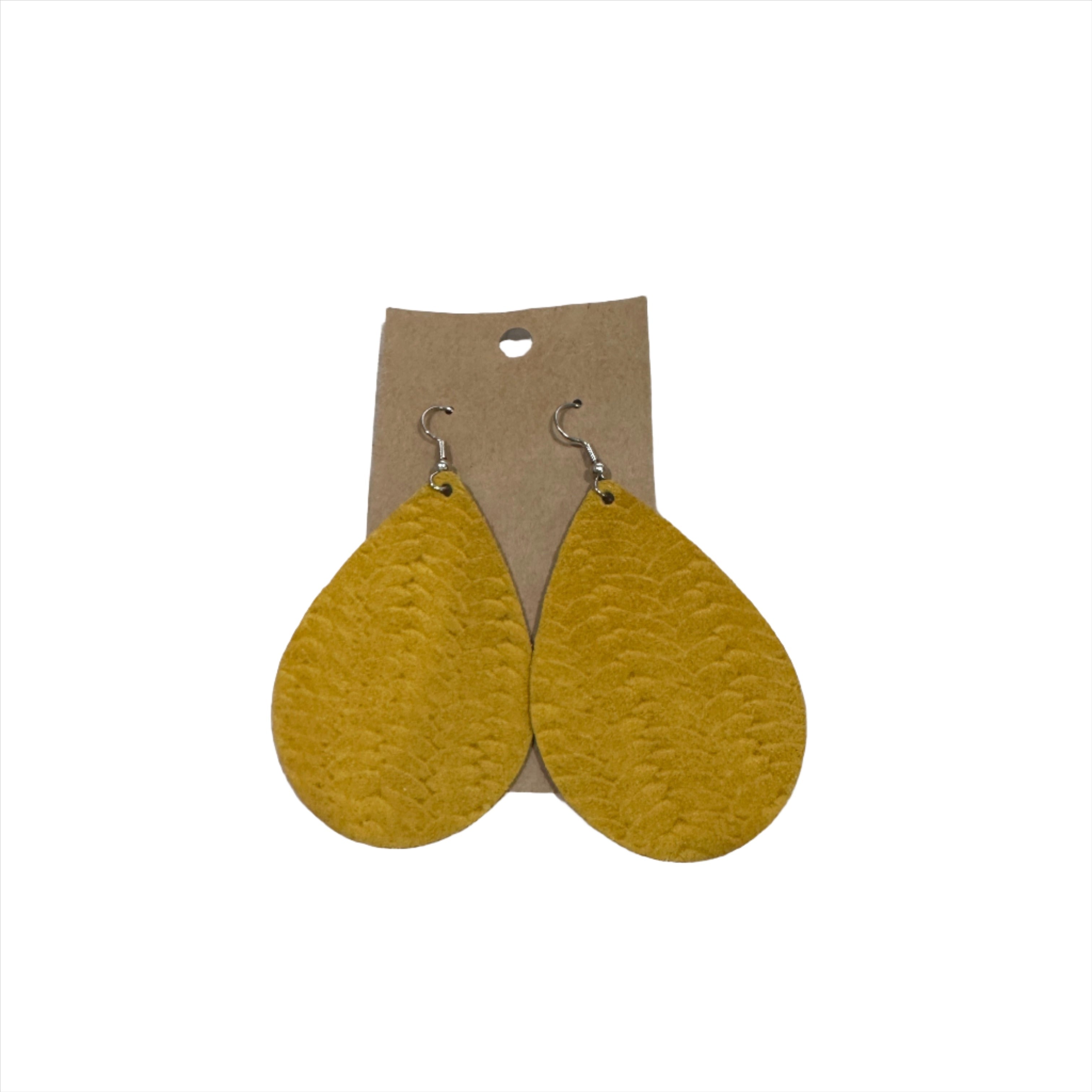 Mustard Textured Leather Teardrop Dangle Earrings