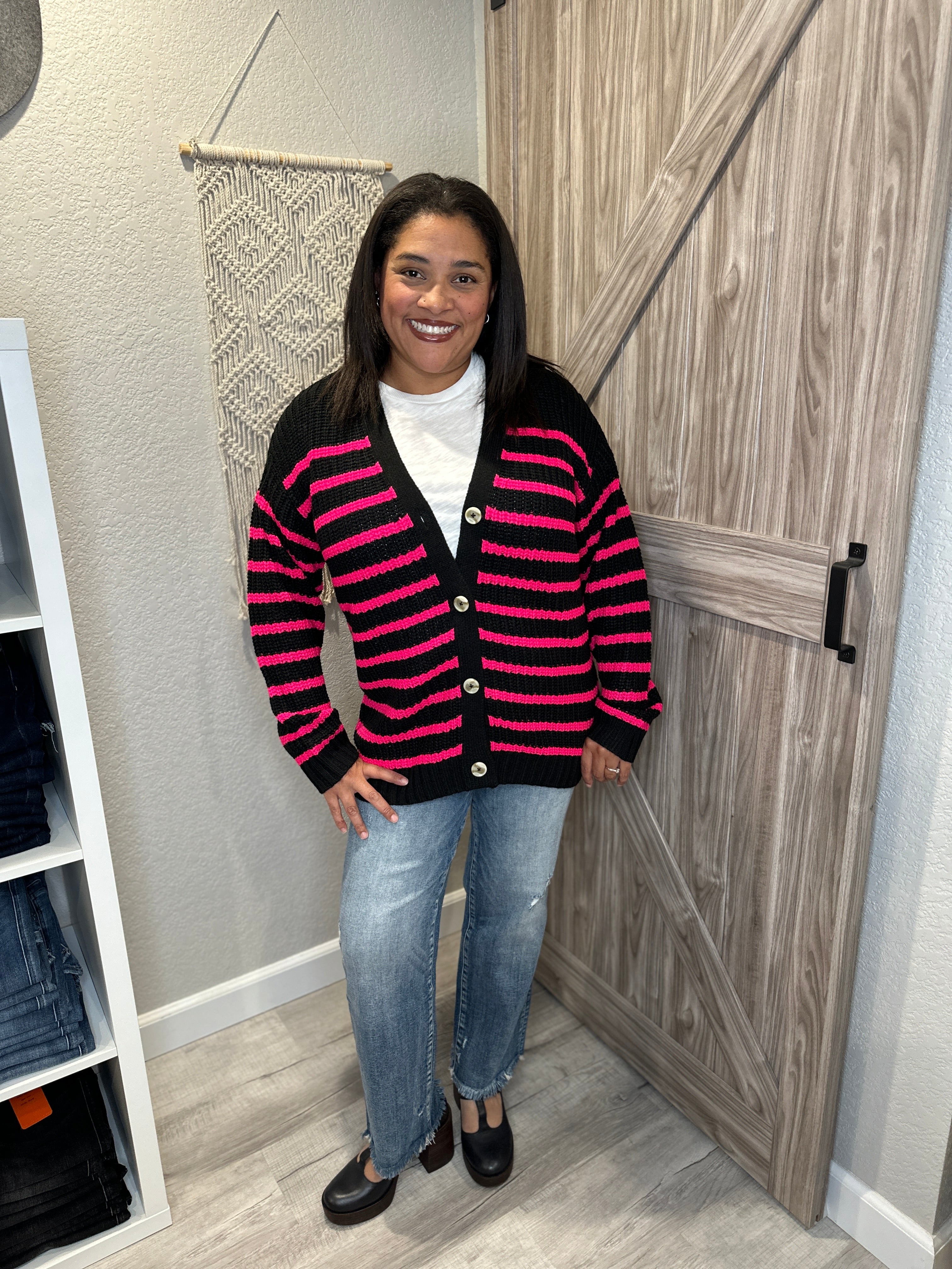 Chaser Black & Pink Chenille Vibe Stripe Cardigan Sweater