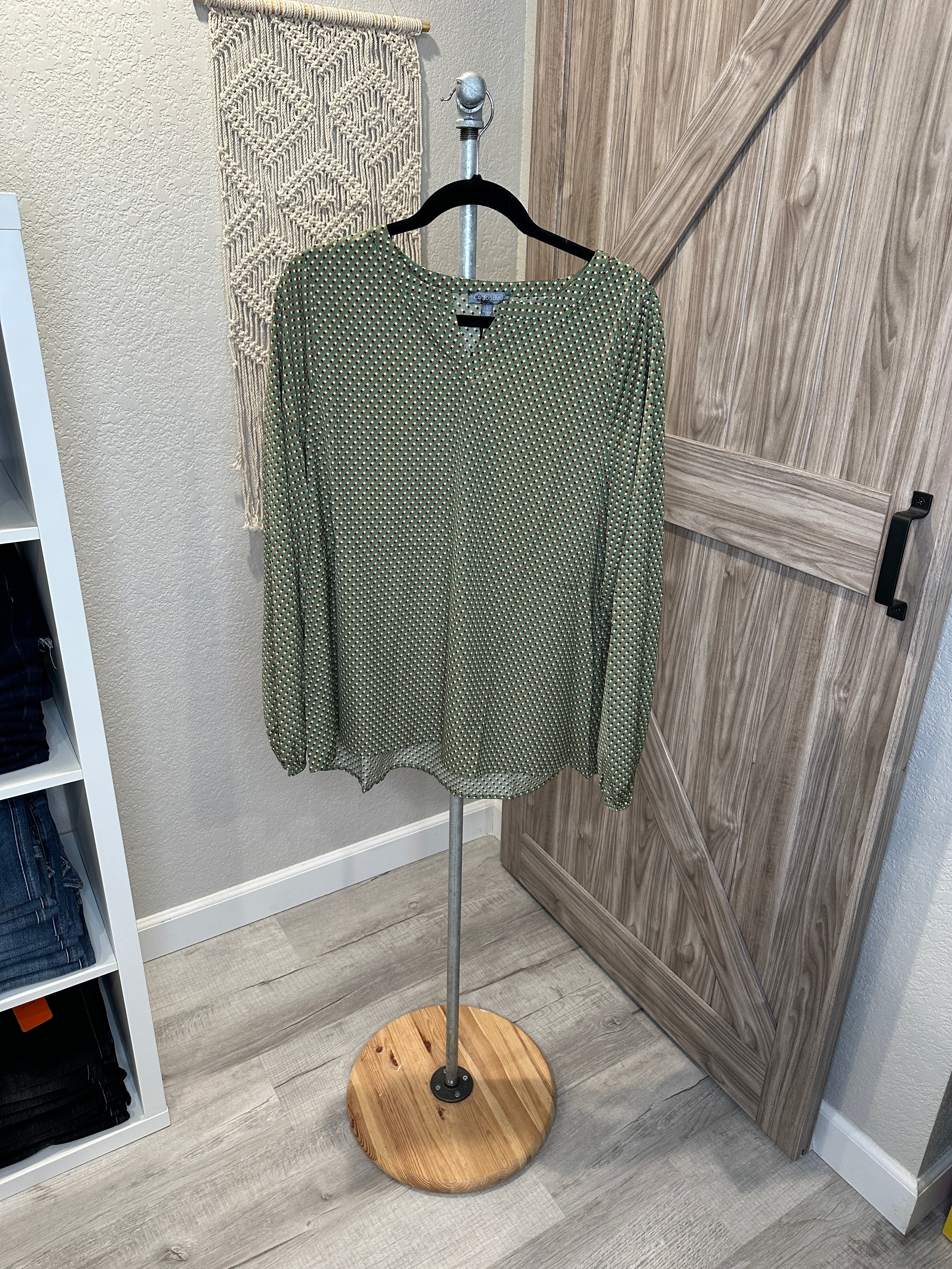 Green Mini Check Split Neck Top