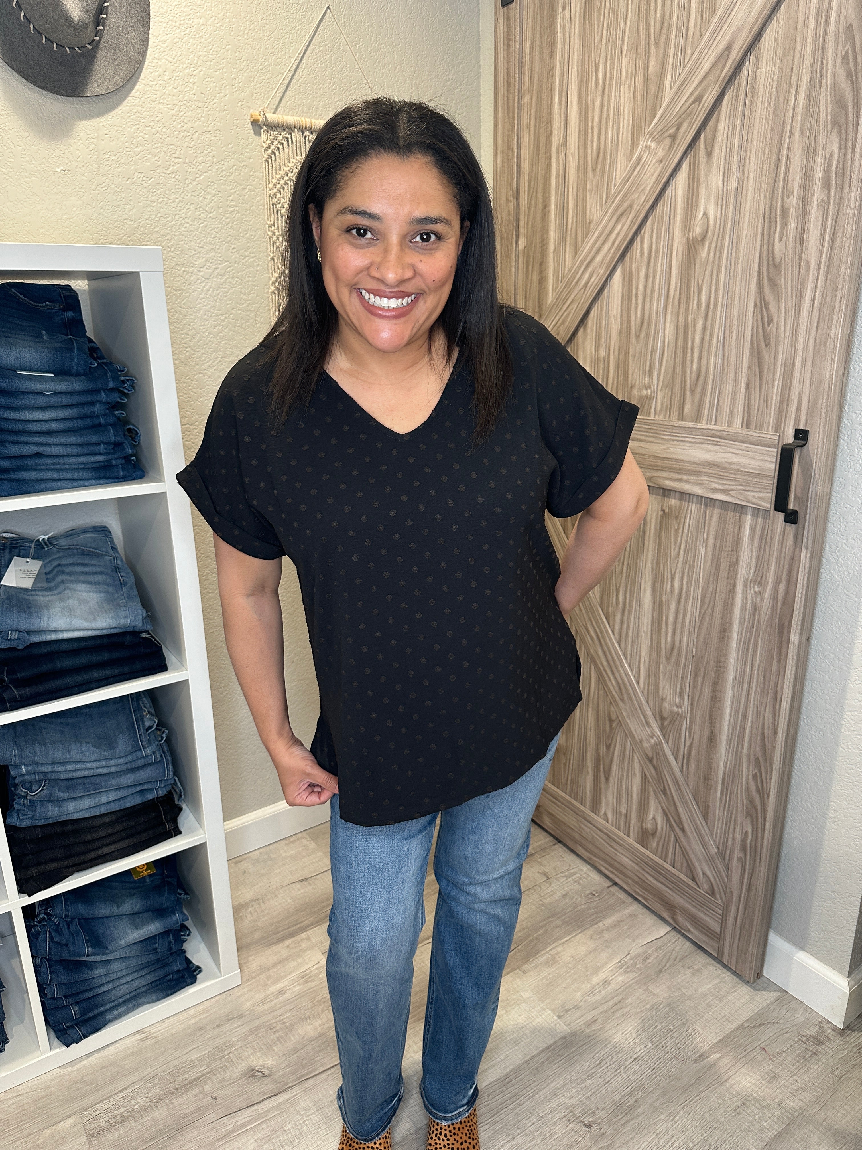 Swiss Dot Classic V Neck Dolman Top