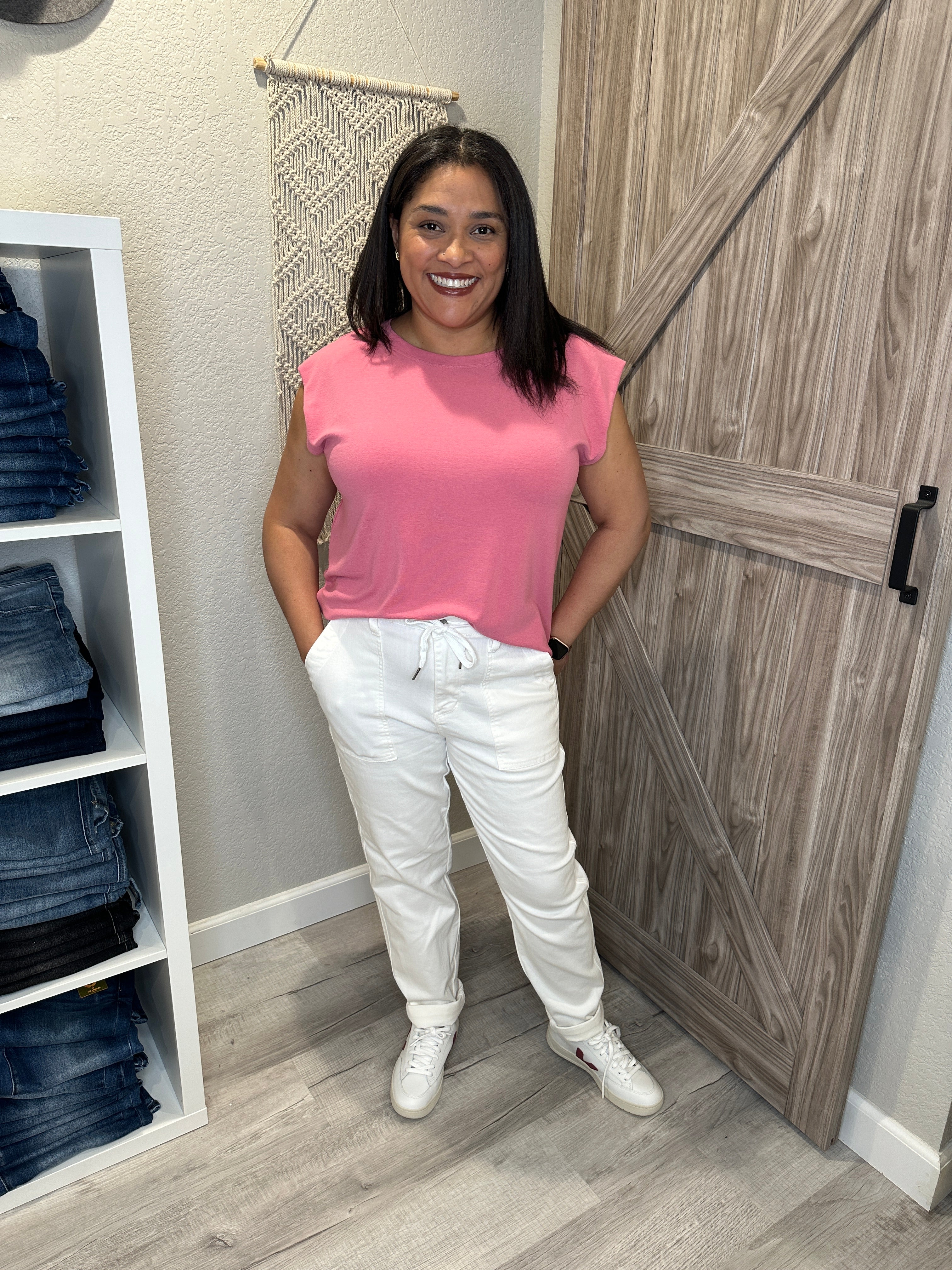 Judy Blue High Waist Garment Dyed Double Cuff White Denim Jogger