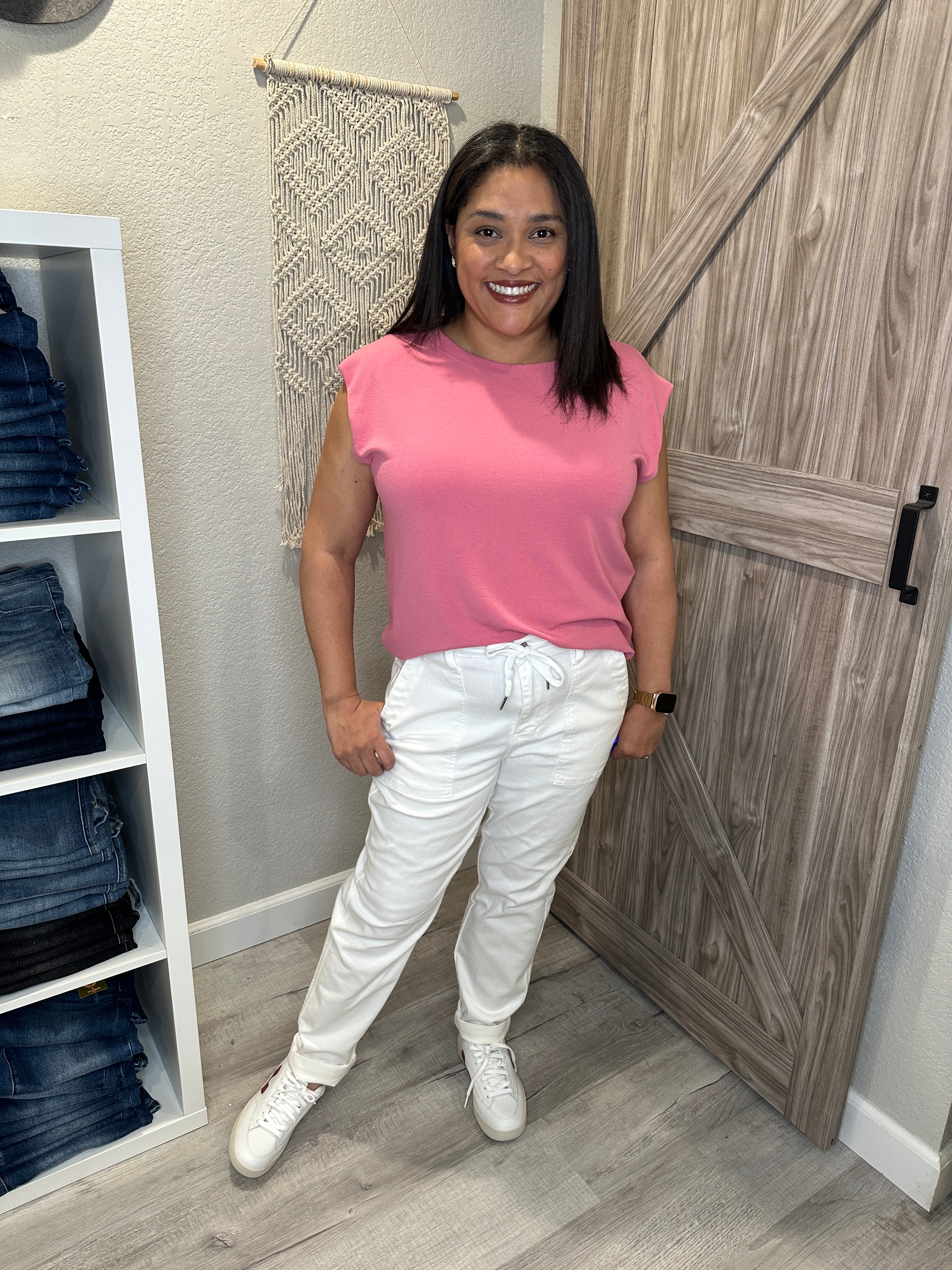 Judy Blue High Waist Garment Dyed Double Cuff White Denim Jogger