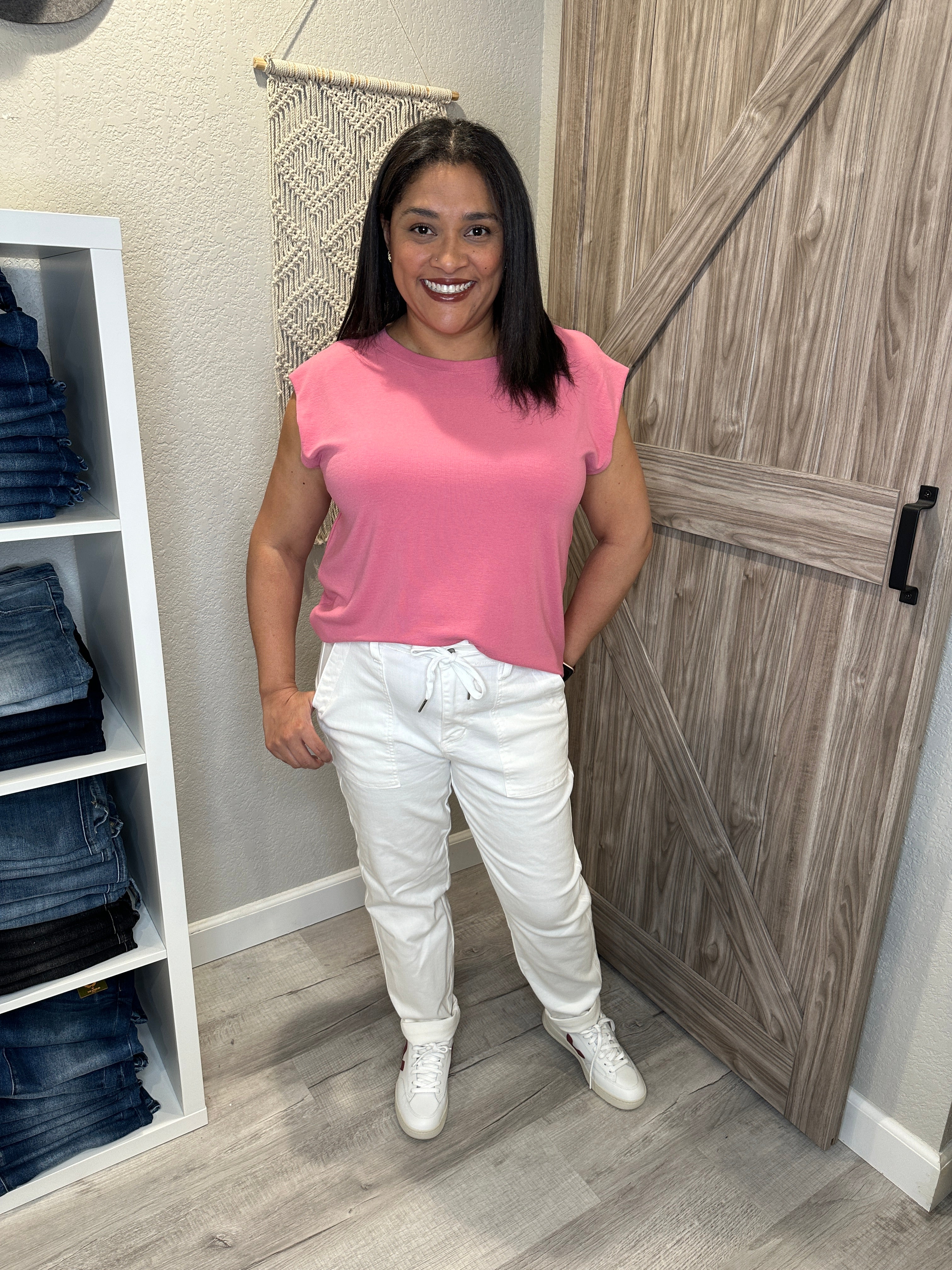 Judy Blue High Waist Garment Dyed Double Cuff White Denim Jogger