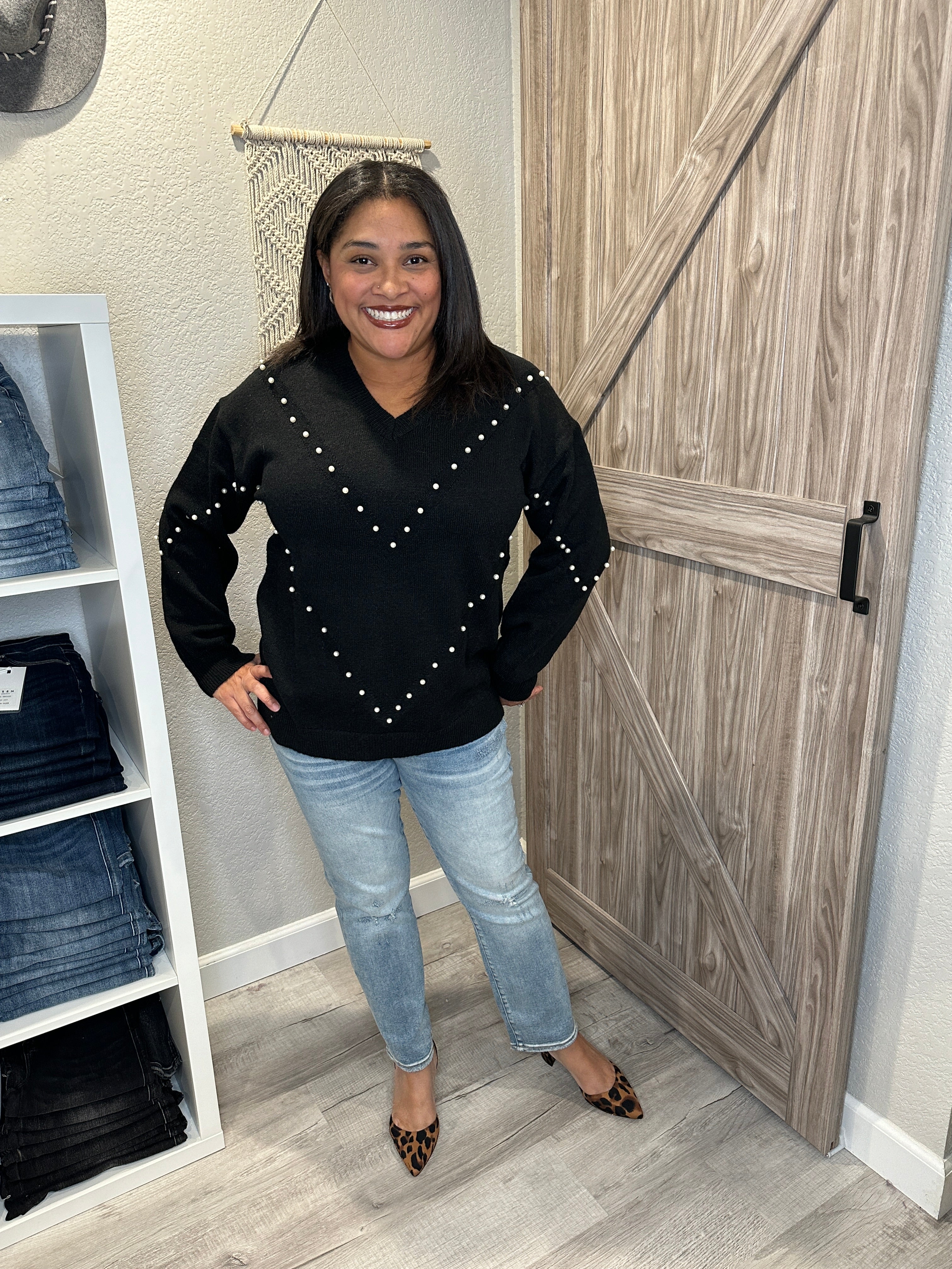 Black V Neck Holiday Pearl Beaded Pullover Sweater