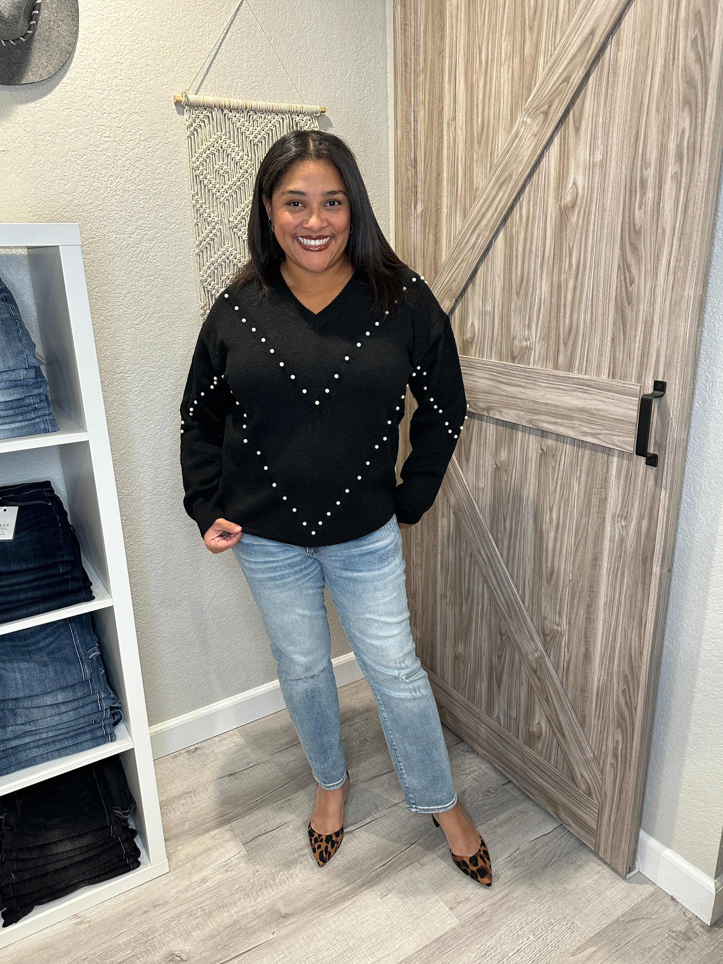 Black V Neck Holiday Pearl Beaded Pullover Sweater