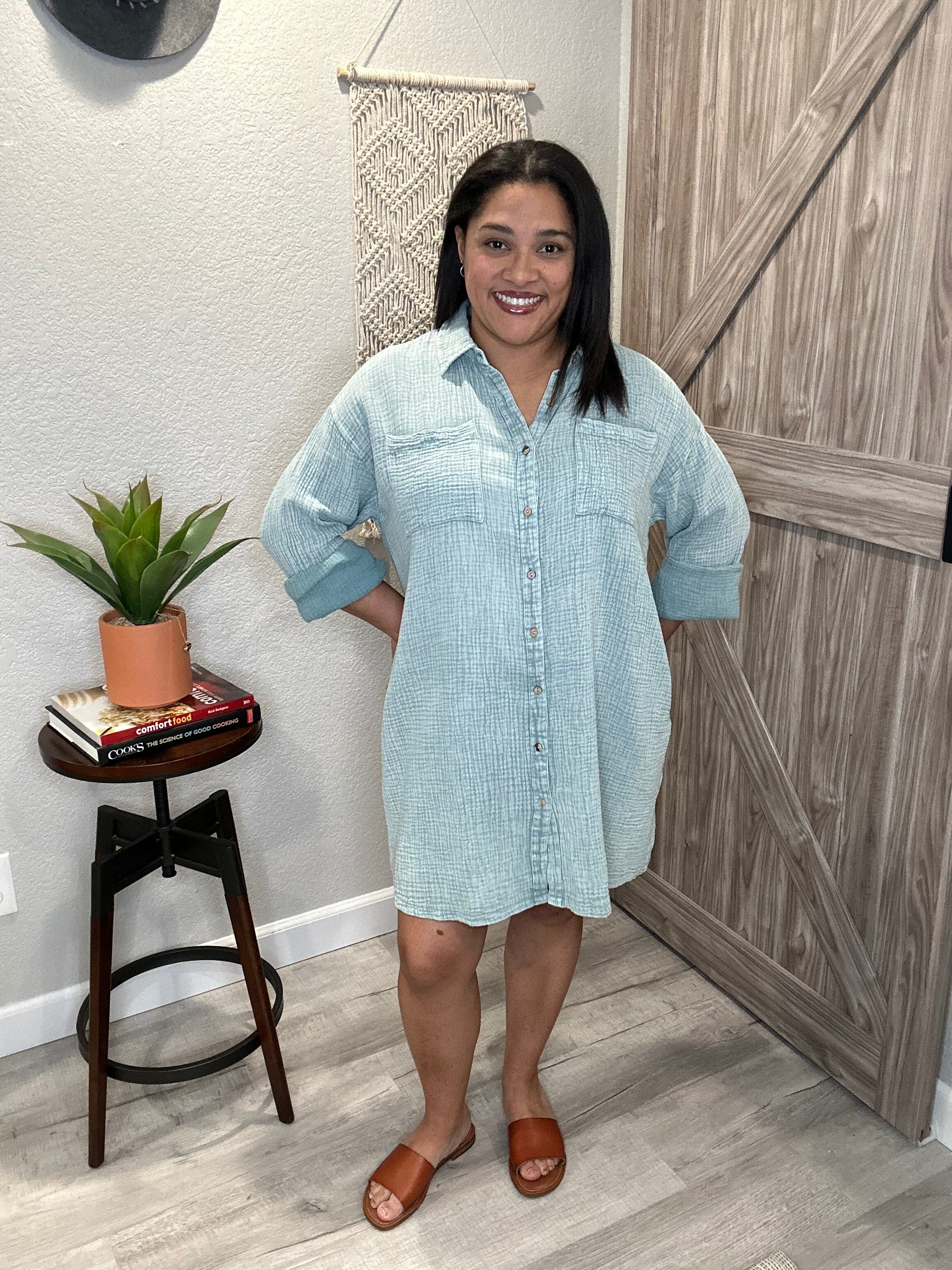 Size Medium Cloud Blue Mineral Washed Cotton Gauze Button Down Shirt Dress