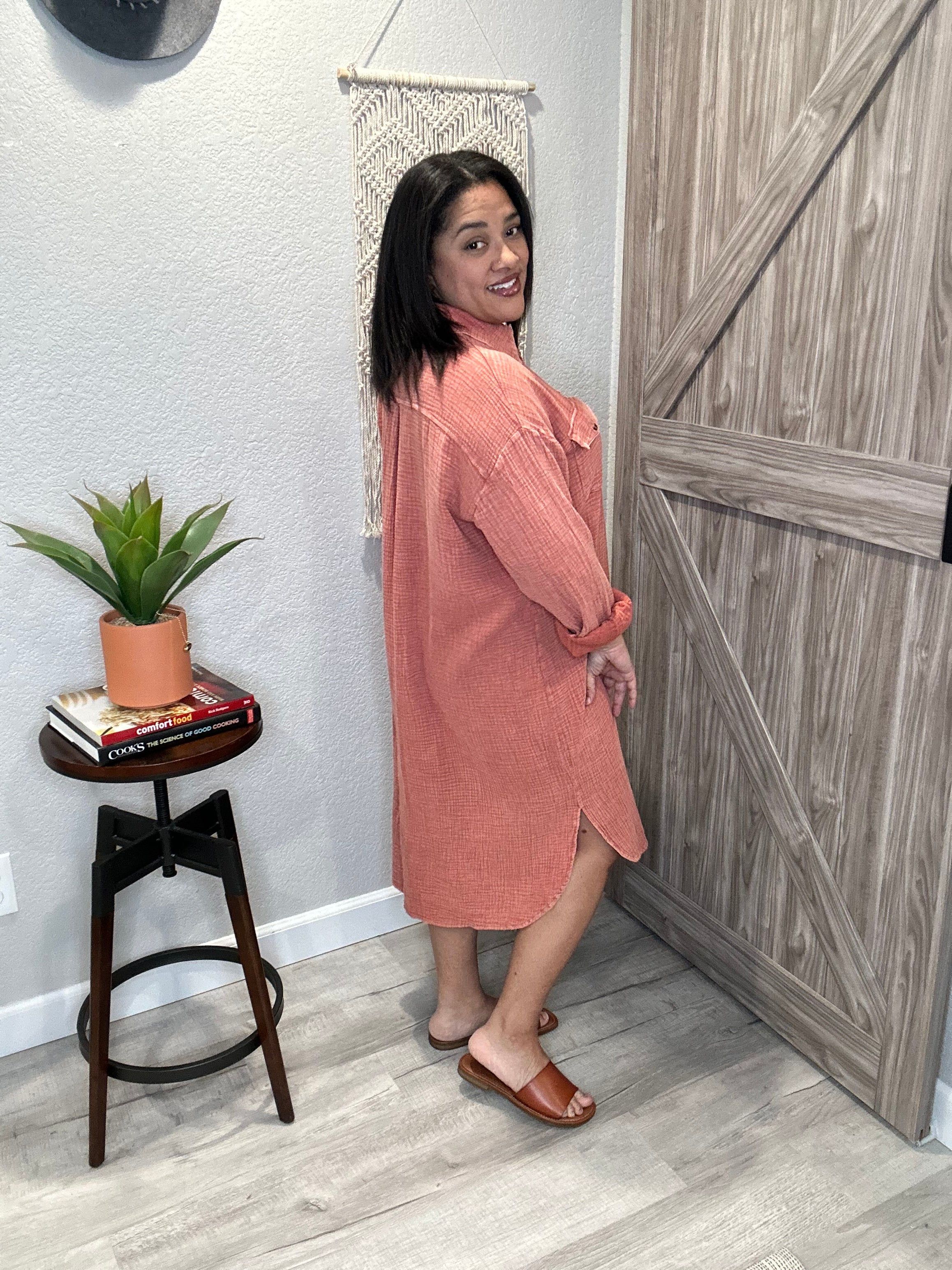 Pumpkin Mineral Washed Cotton Gauze Below the Knee Shirt Dress