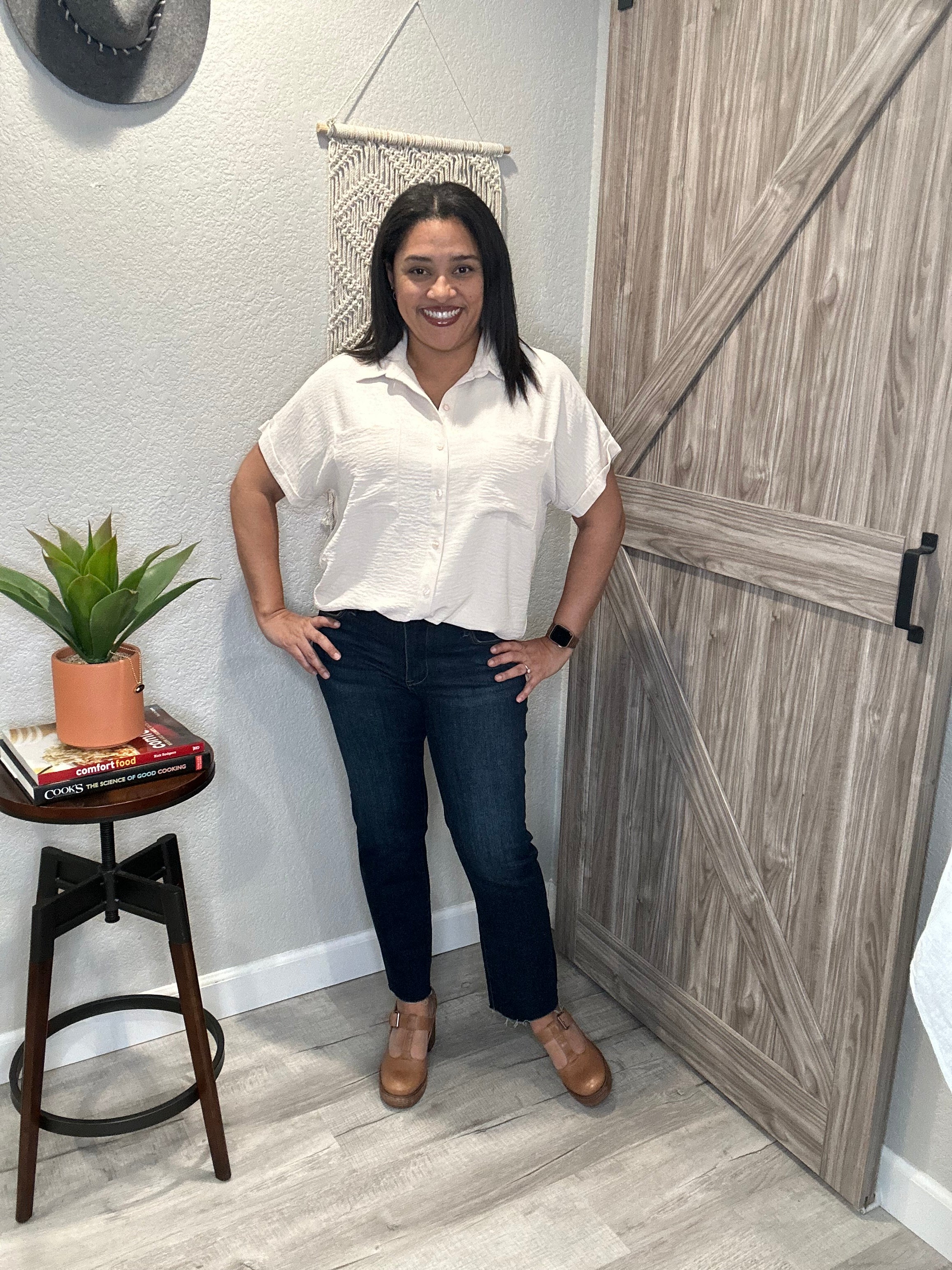 Sand Button Down Short Sleeve Top