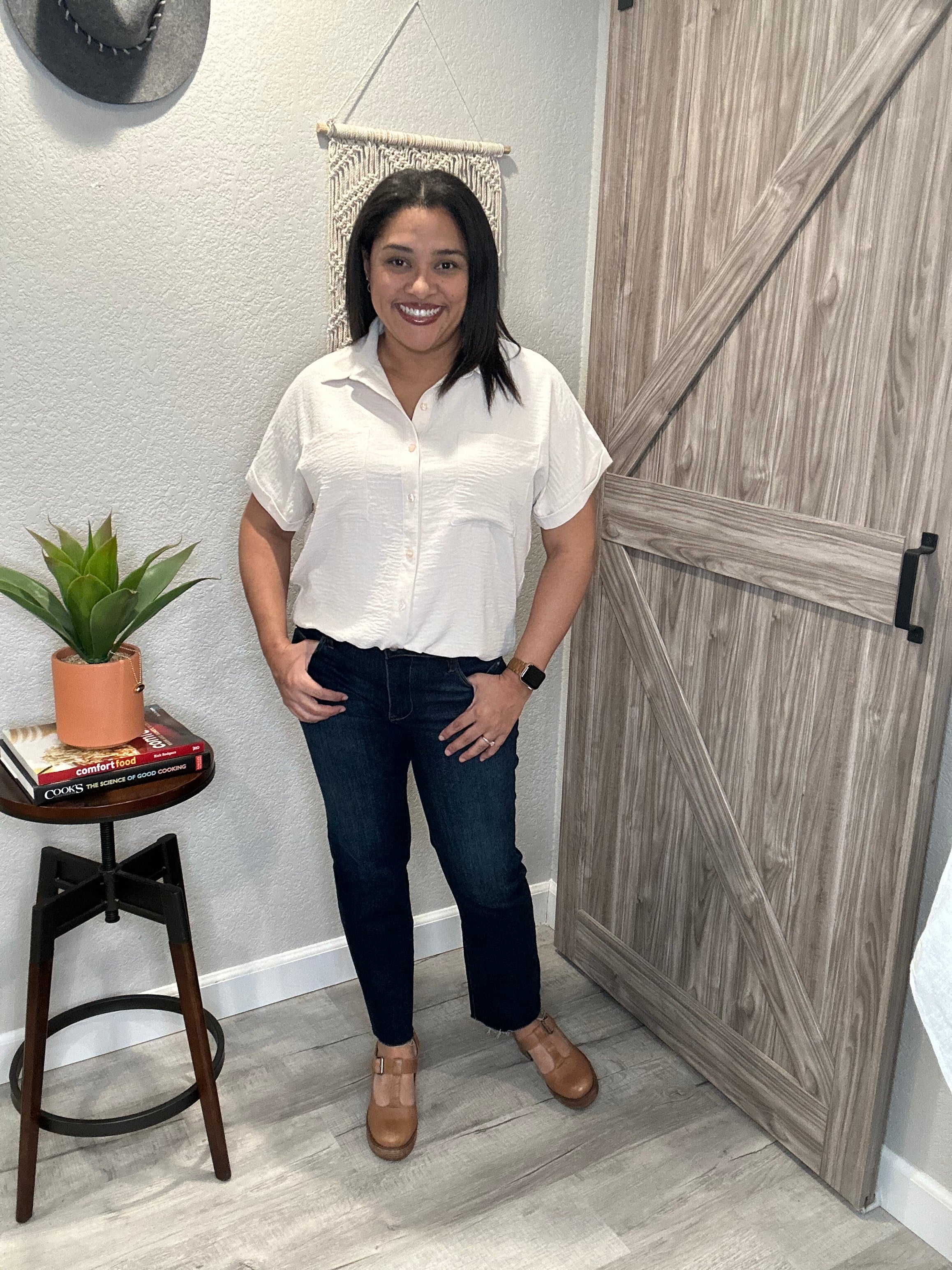 Sand Button Down Short Sleeve Top