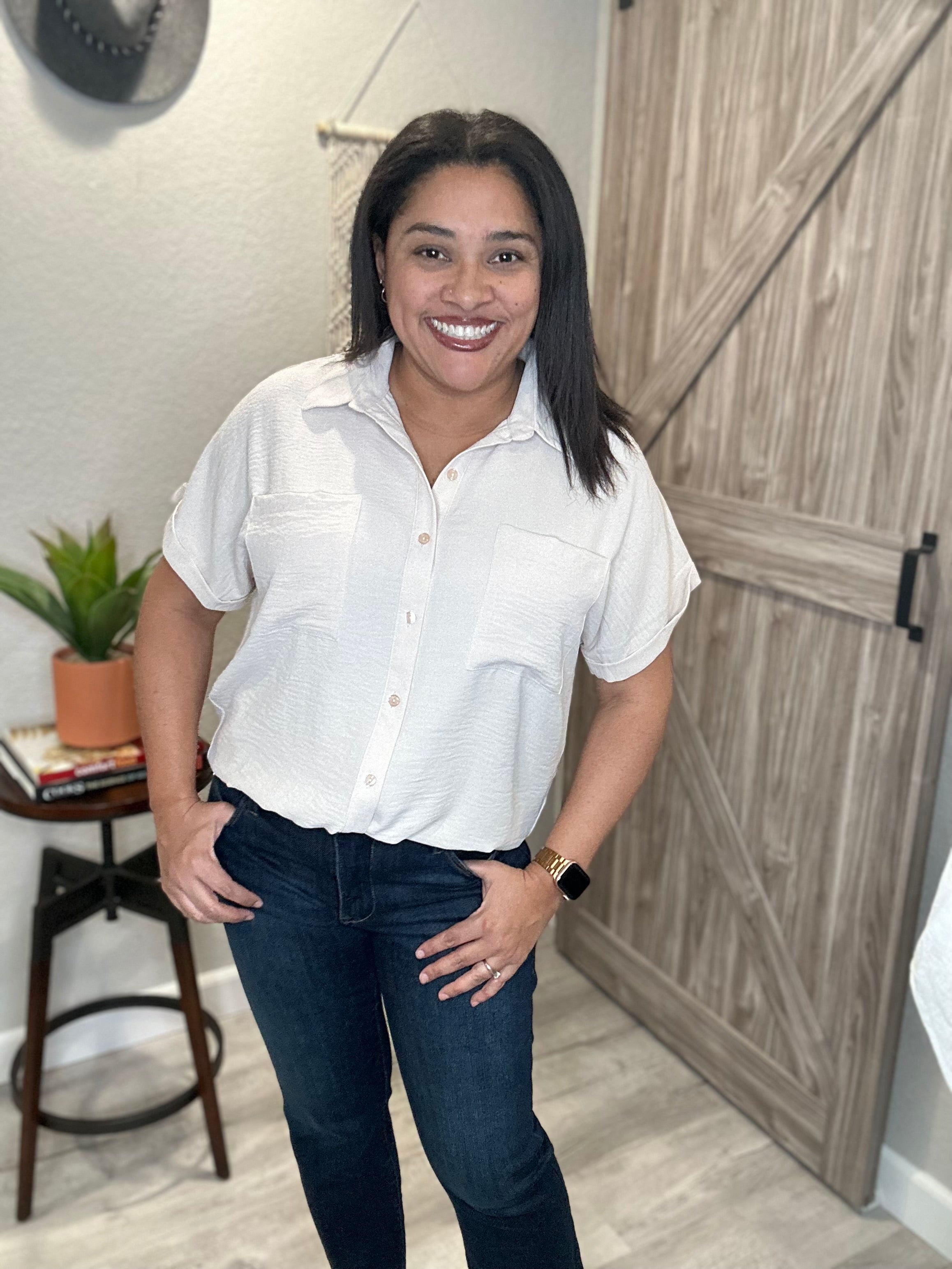 Sand Button Down Short Sleeve Top