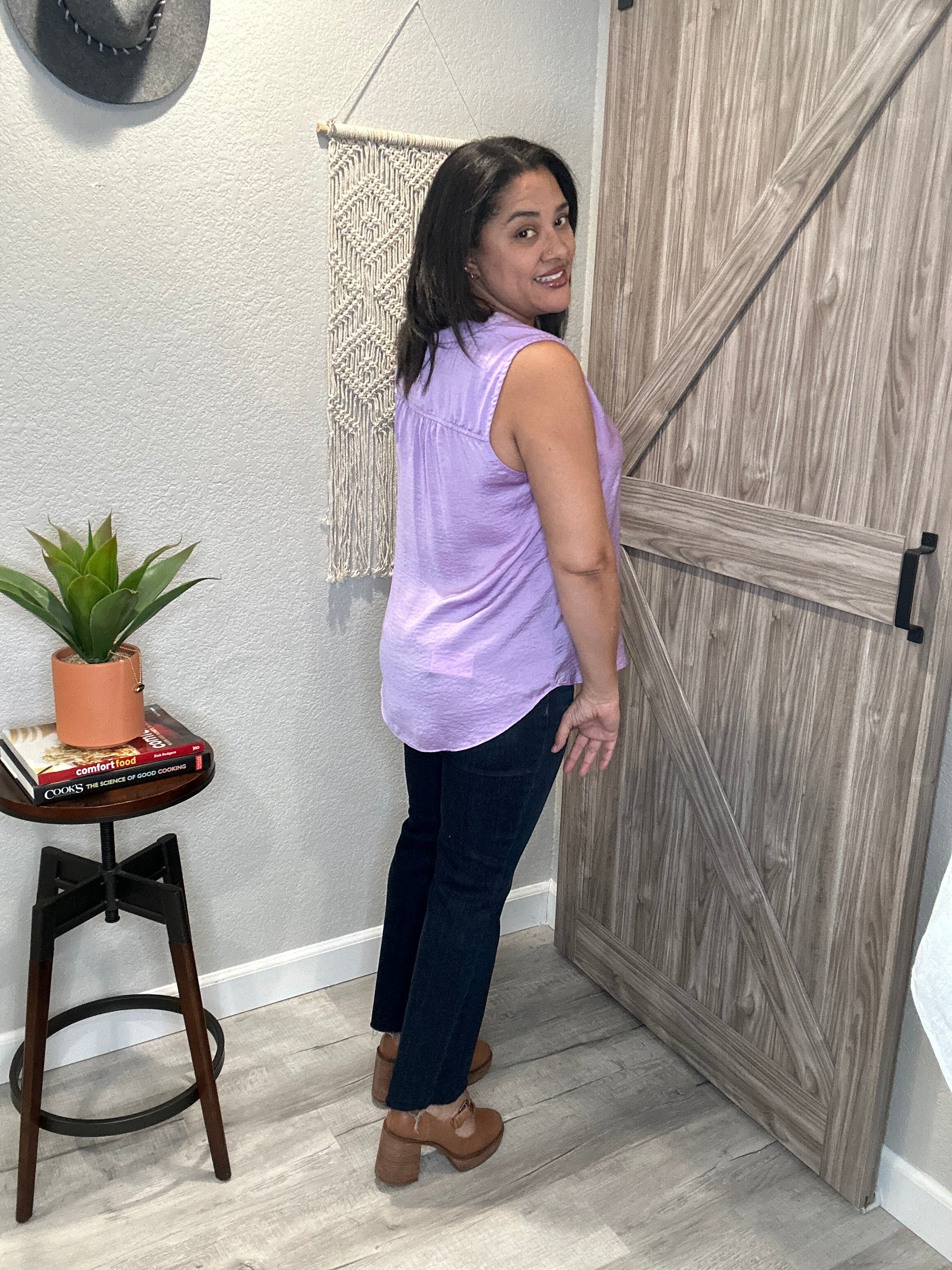 Lavender Sleeveless Satin-y V Neck Top