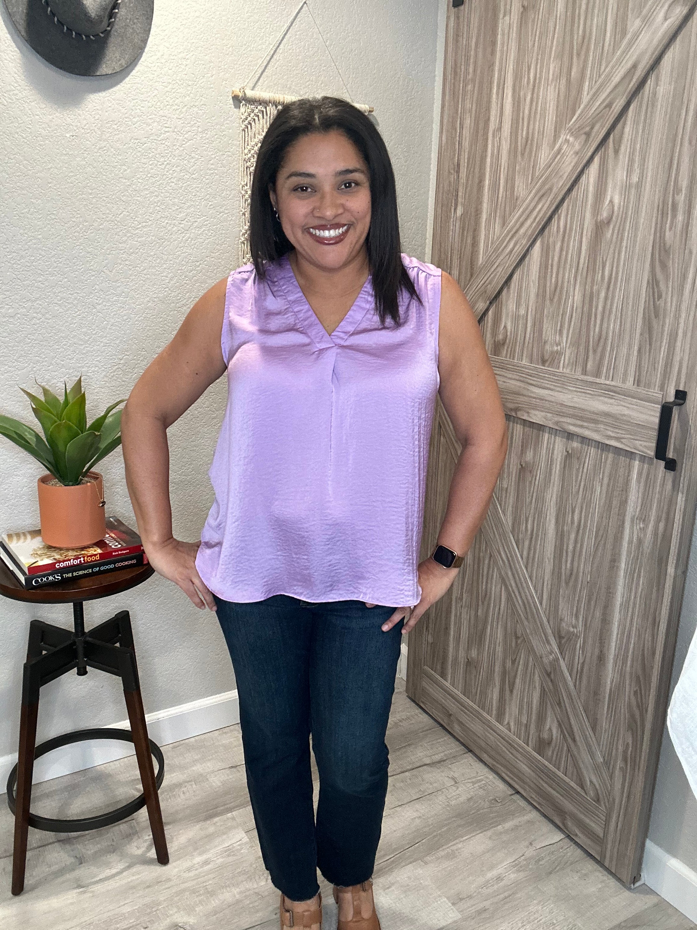 Lavender Sleeveless Satin-y V Neck Top