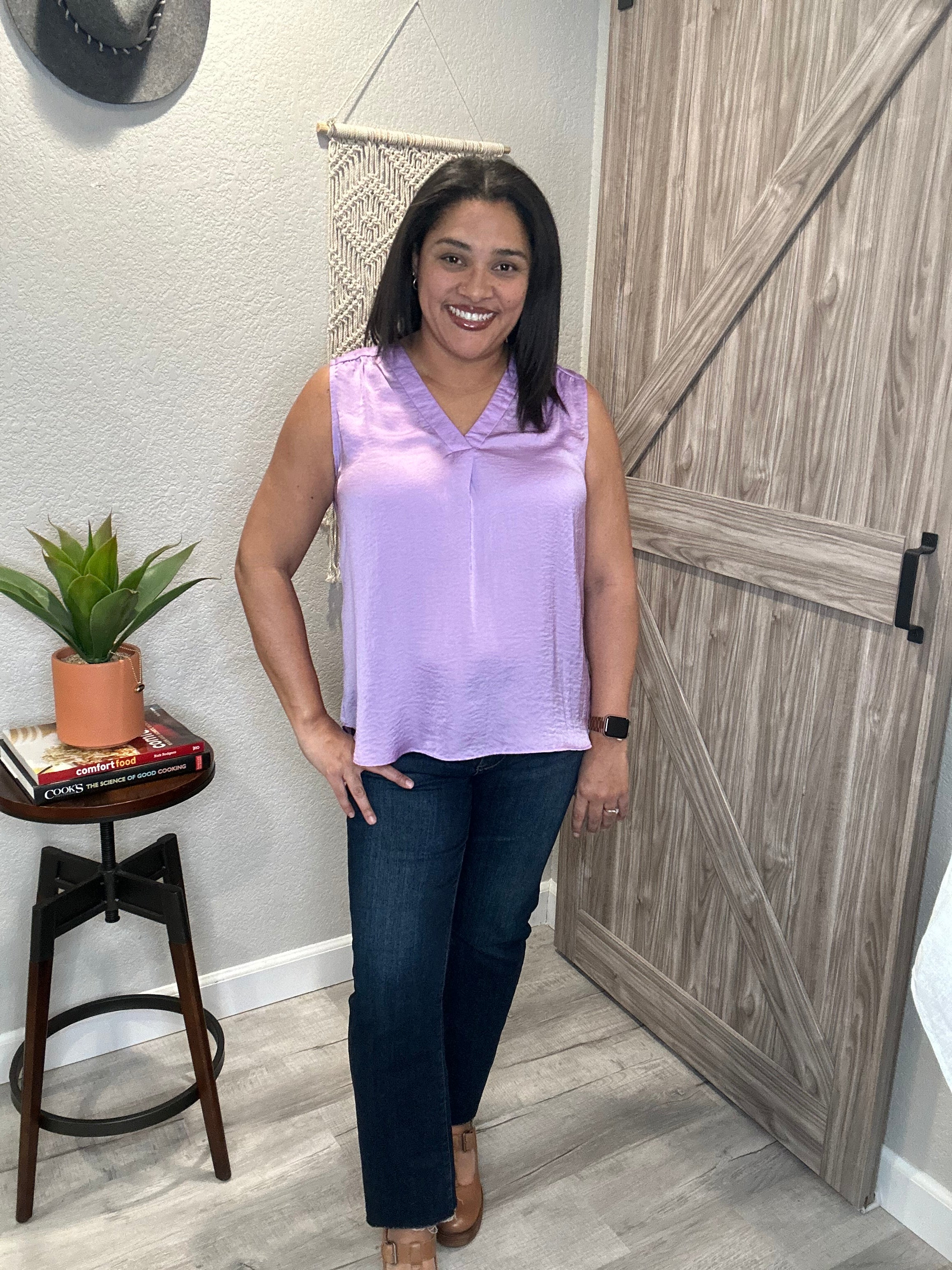 Lavender Sleeveless Satin-y V Neck Top